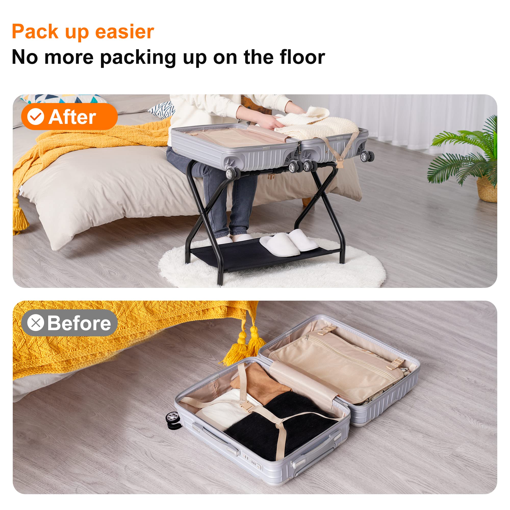 Heybly Luggage Rack,Pack Of 2,Steel Folding Suitcase Stand With Storage Shelf For Bedroom, Hotel, Foldable Steel Frame, Guest Ro