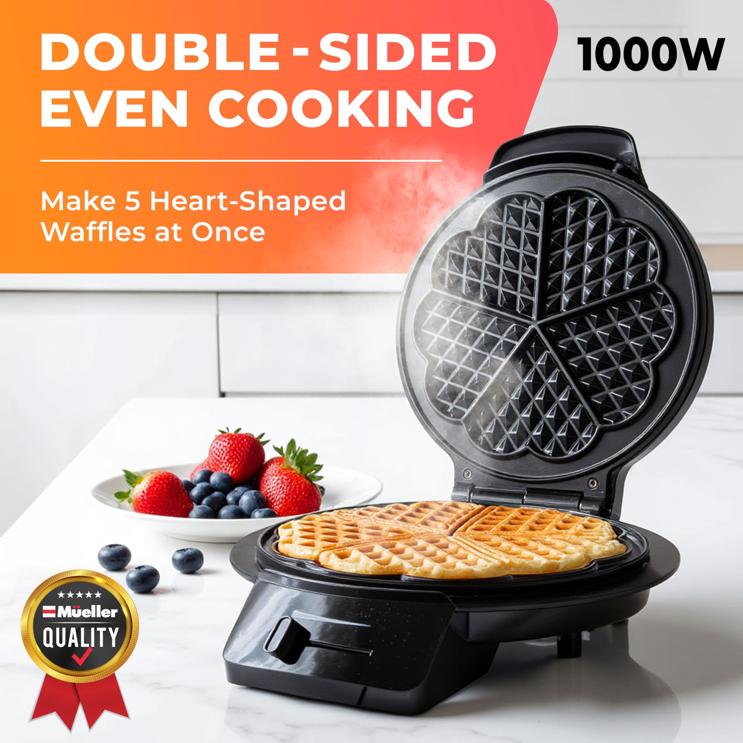 Mueller Heart 5 Waffle Maker, Waffle Iron, Adjustable Browning Control & Nonstick, Cool Touch Handle, Easy To Clean, Small Kitch