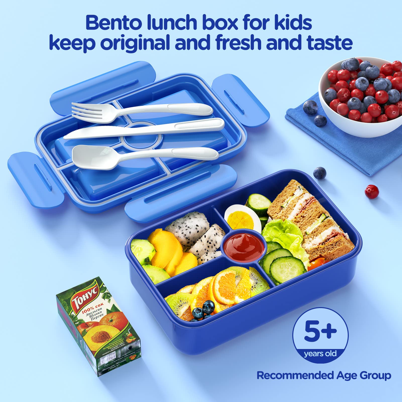 Jelife Bento Lunch Box For Kids - Leakproof Large Bento-Style With 4 Compartments Portions Lunchbox With Tableware Back To Schoo
