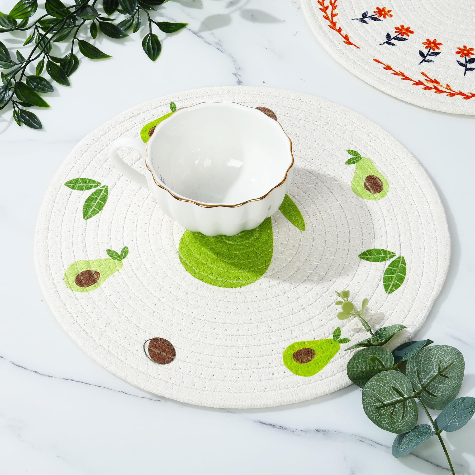 Fanquare Strawberry Avocado Orange Round Placemats Set Of 4 Fruit & Floral Pattern Rope Braided Place Mats 12 Inch Cute Fruit Ta