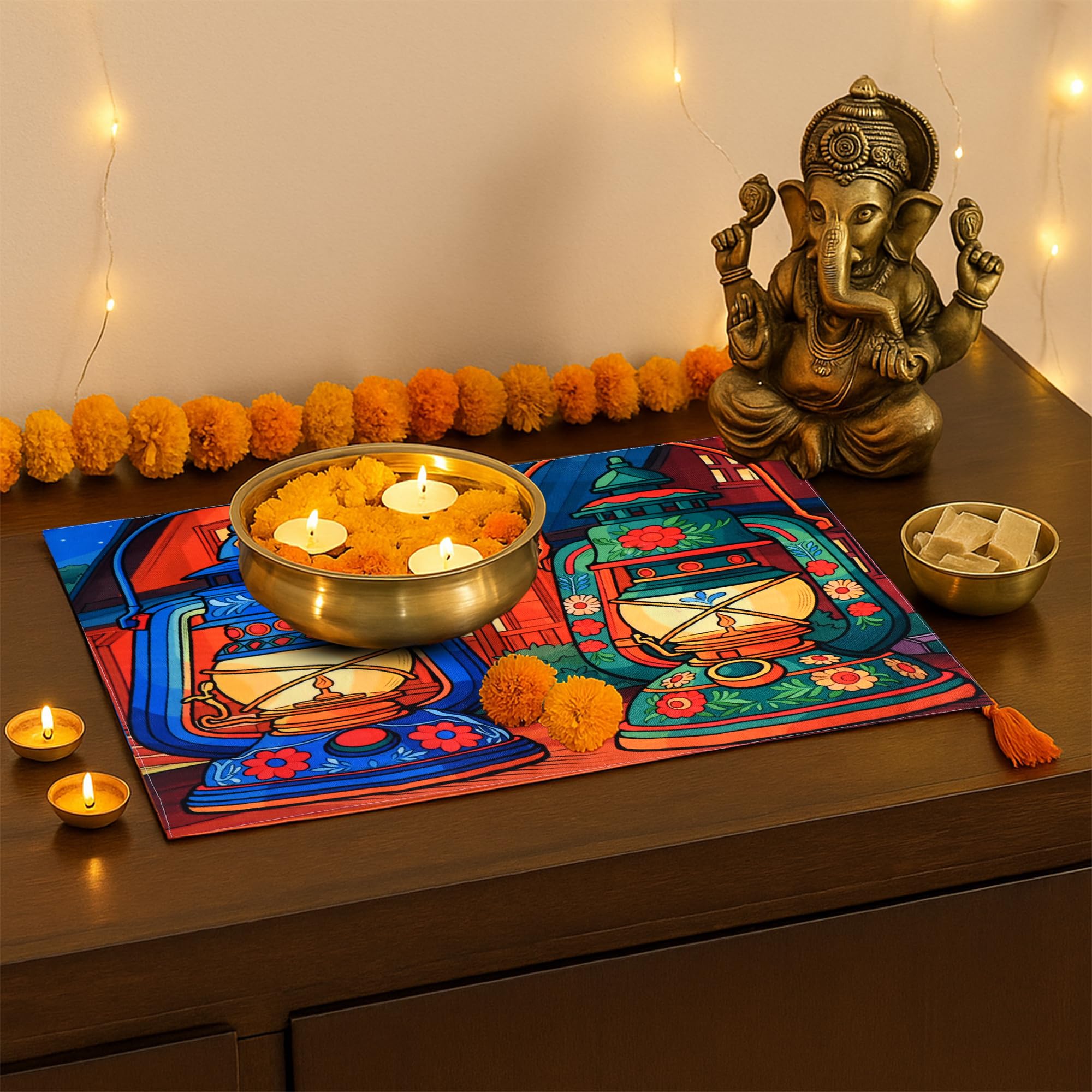 Prakartik By Induarts Dining Table Mats Set Of 4  Lamp Diwali Theme,Digital Print, Washable, Indoor/Outdoor, HeatProof, Water 