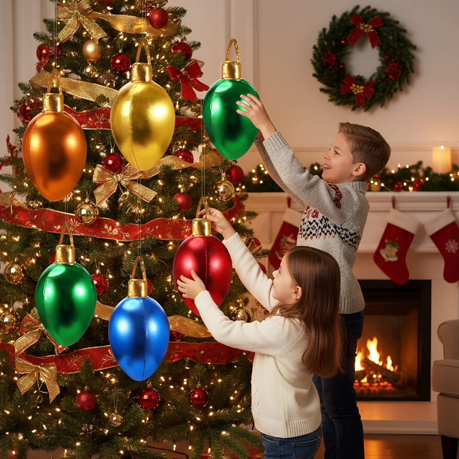 Charnoel 5 Pack 11.8  Christmas Inflatable Bulb Ornament with Glitter Cloth Cover, Giant PVC Xmas Blow Up Ornaments Holiday Blow