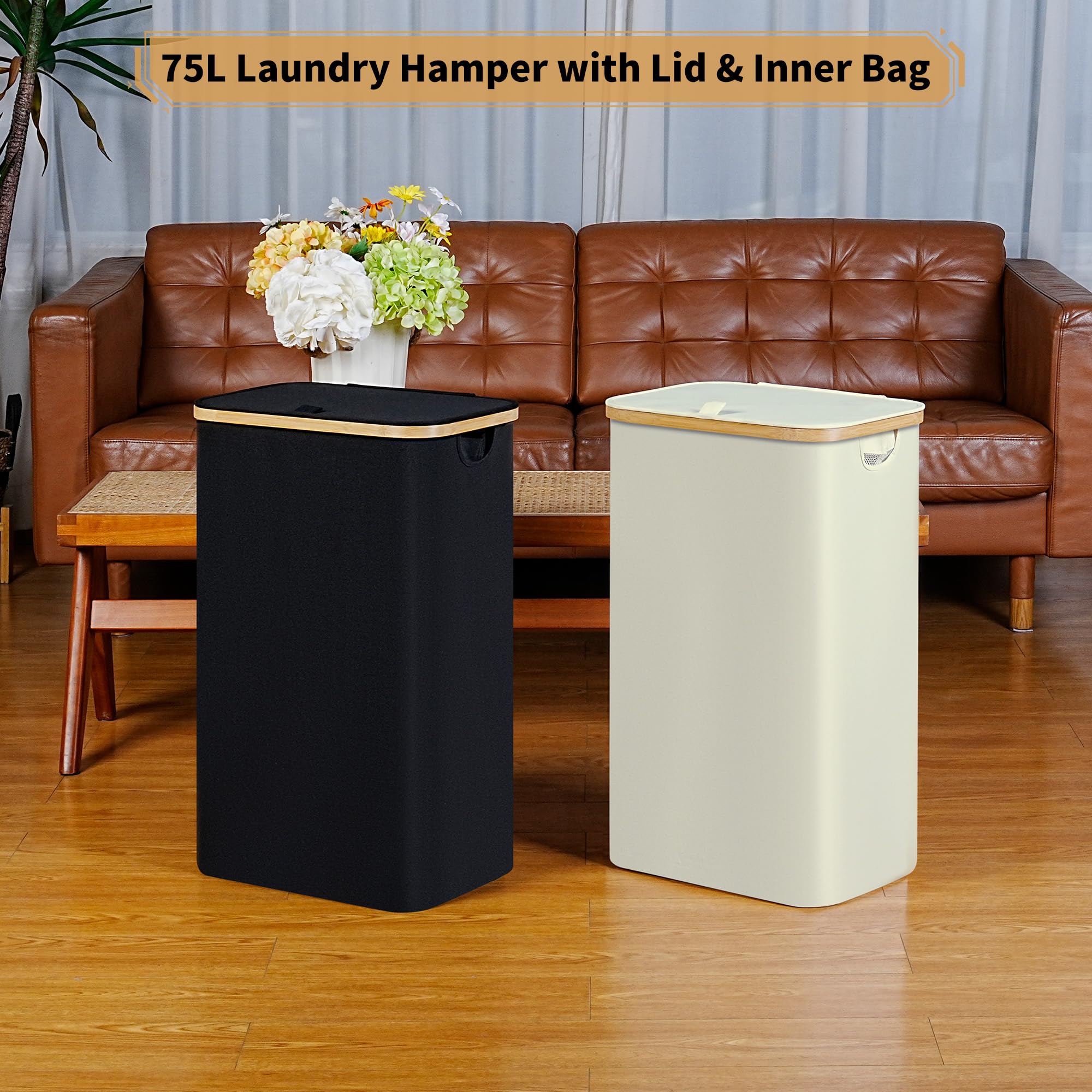Iegrow Slim Laundry Hamper,75L Beige Narrow Laundry Basket With Lid,Foldable Clothes Hamper With Bamboo Handles,Hamper Basket Wi