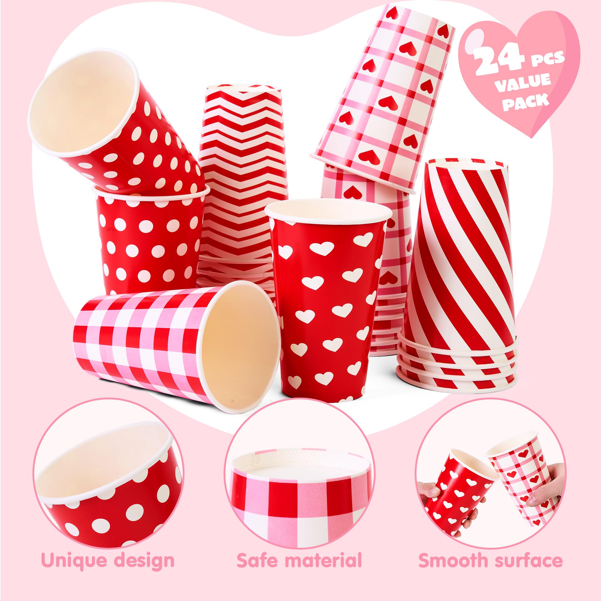 Joyin 24Pcs Valentine'S Day Disposable Cups With Cup Sleeve And Lid For Kids Party Favors, Classroom Exchange Prizes, Valentines