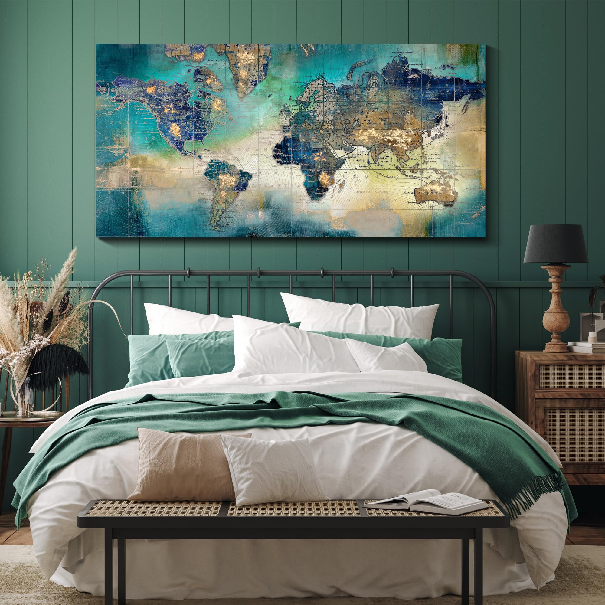 Large World Map Canvas Prints Wall Art For Living Room Office ''24X48'' Green World Map Picture Artwork Decor For Home Decoratio