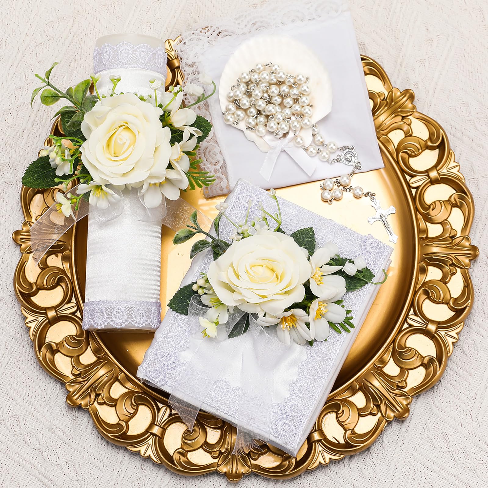 Threlaco 5 Pcs Baptism Candle Set Included Catholic Candle Devotional Candles with Flower, Baptism Towel, Rosary, Bible for Chri