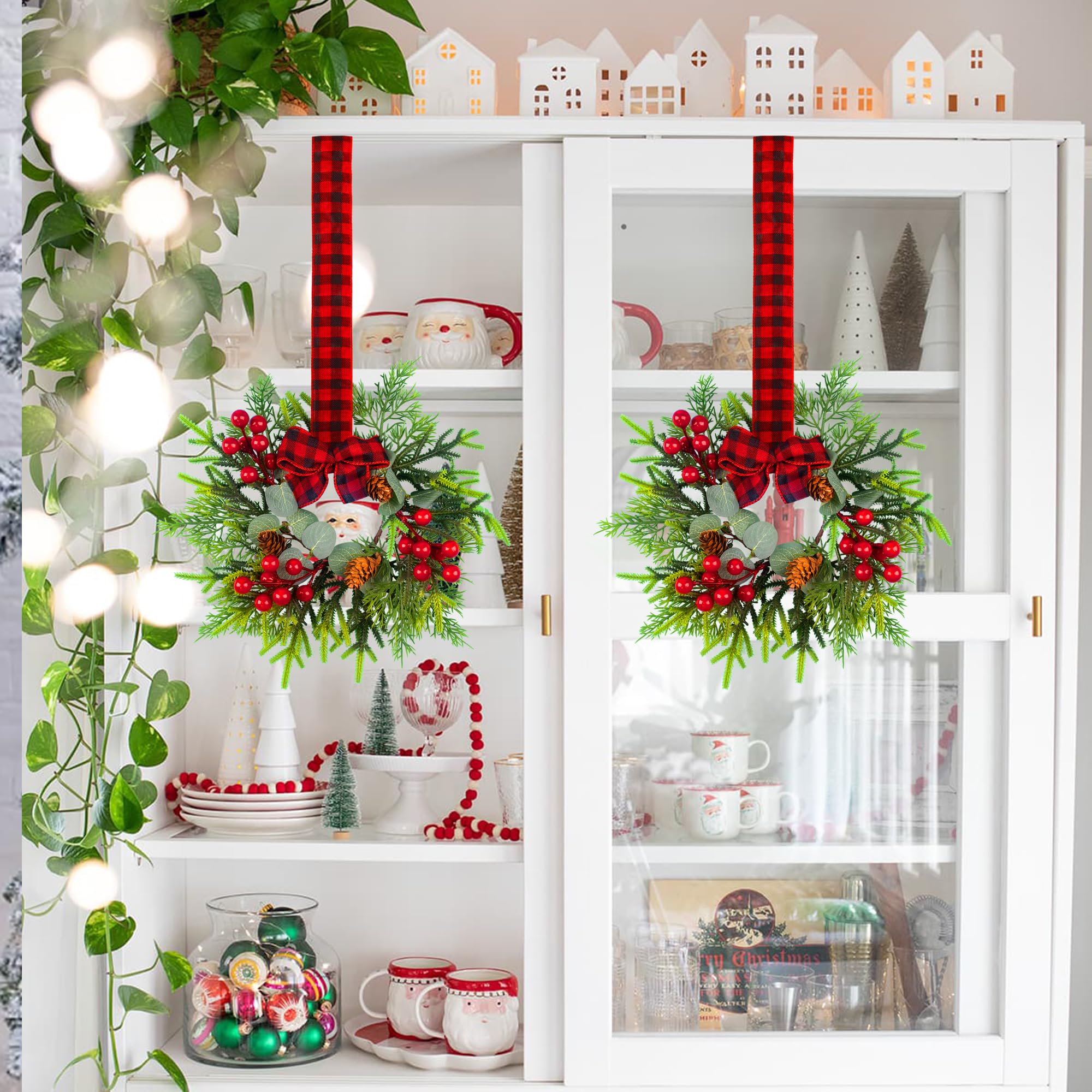4Pcs Mini Christmas Wreath, 12 Inch Small Wreaths for Kitchen Cabinets, with Deep Red Bow Vintage Bells Pine and Cypress Leaves