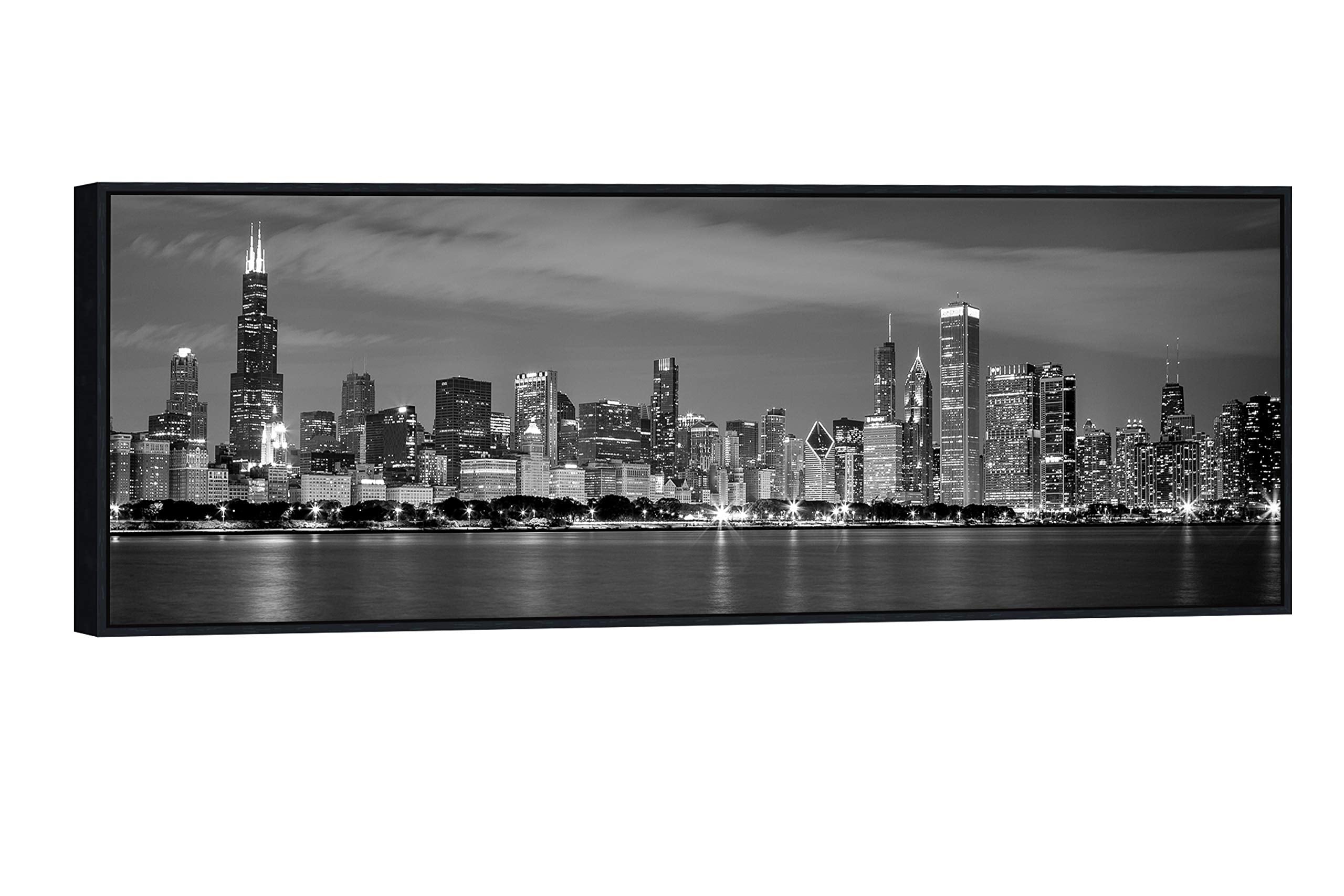Wieco Art Framed Wall Art Chicago City Center Skyline Black And White Wall Decor Canvas Prints Modern Cityscape Wall Decorations