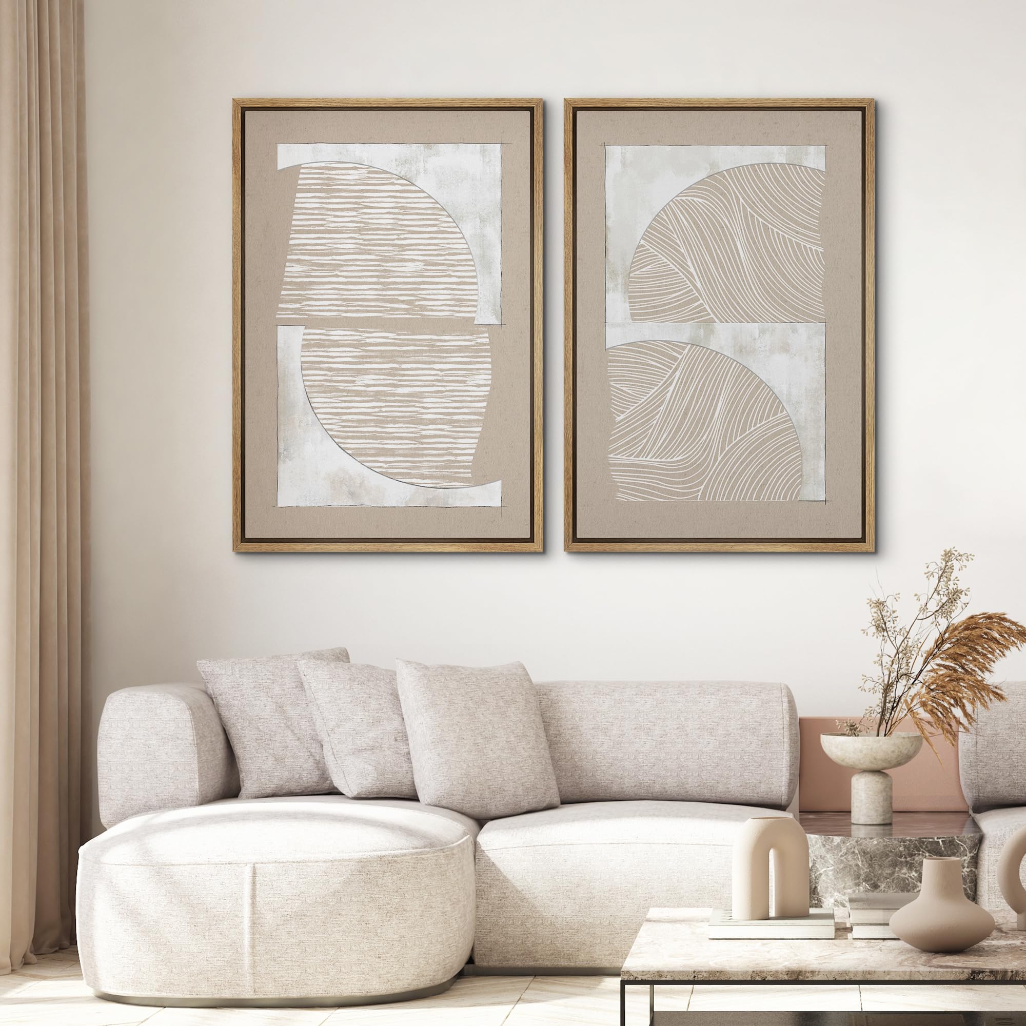 SIGNWIN Framed Canvas Print Wall Art Set Grunge Tan White Art Deco Polygons Abstract Shapes Illustrations Minimal Decorative Nordic Zen Bohemian for Living Room  Bedroom  Office - 24''x36''x2 Natural