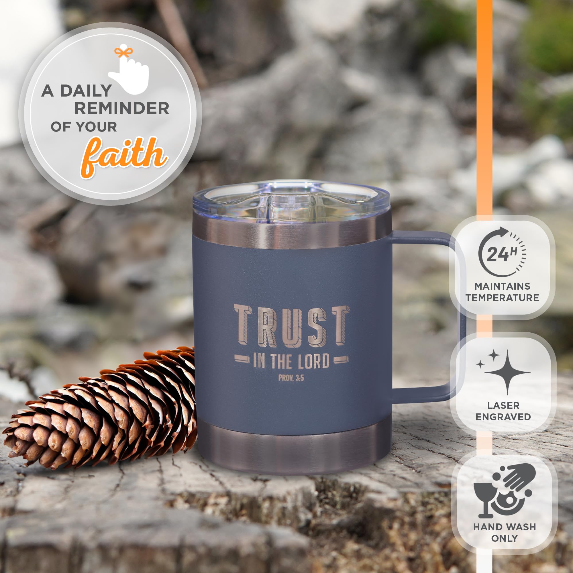 Christian Art Gifts Stainless Steel Double Wall Vacuum Insulated Camp Style Travel Mug 11 Oz Gray Coffee Mug With Retractable Li