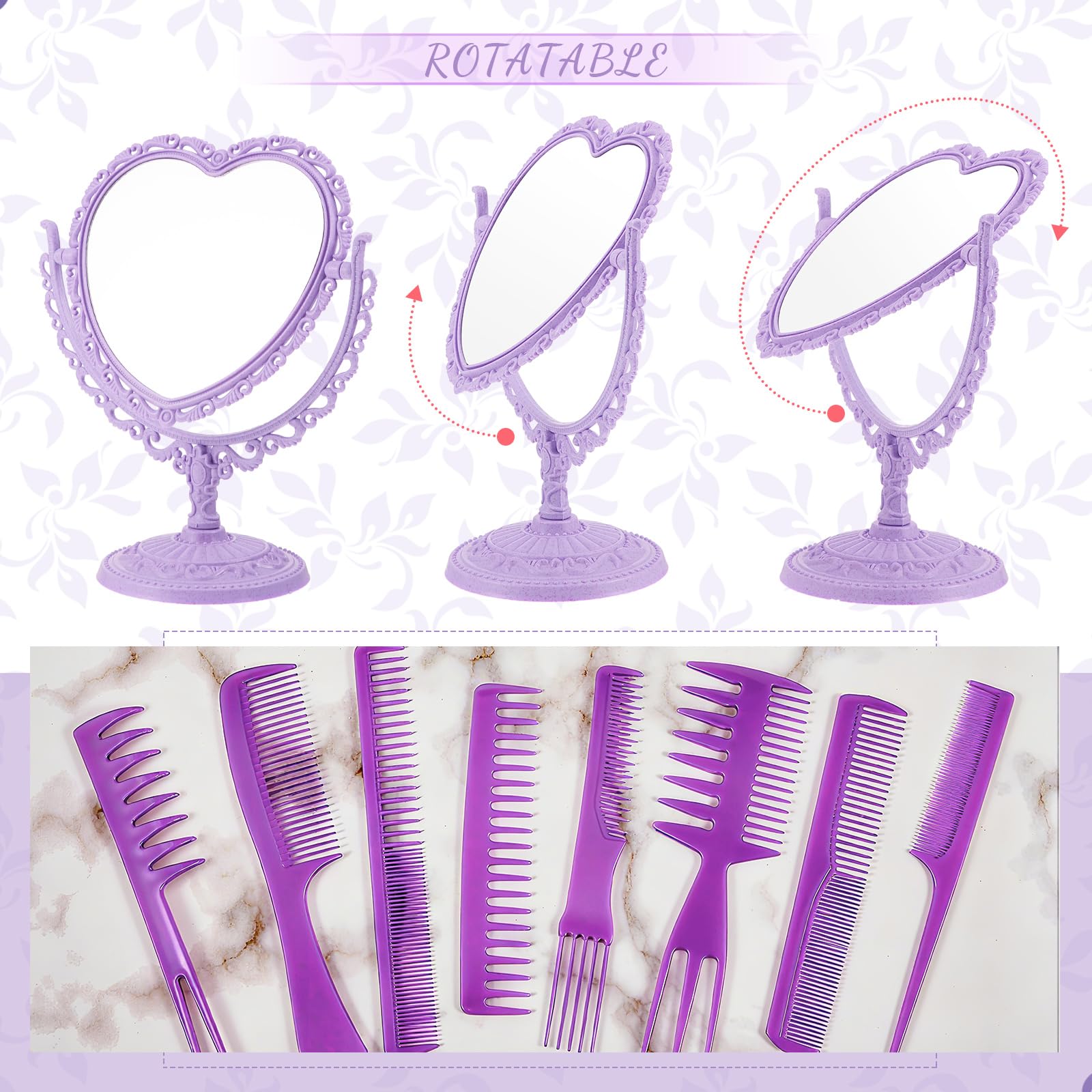 CHENGU Heart Shaped Mirror 8 Pieces Hair Styling Combs Double Sided Rotatable Dresser Heart Mirror Makeup Gifts for Girls Gift V