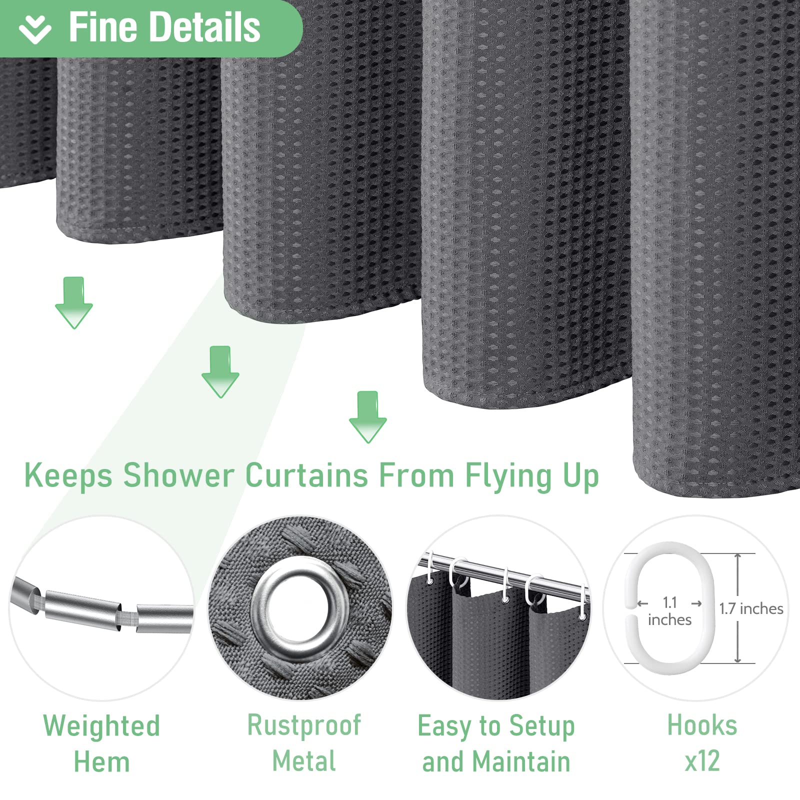 Dynamene Extra Long Shower Curtain - 84 Inch Long Charcoal Grey Waffle Weave Heavy Duty Fabric Bathroom Shower Curtain  Neutral Weighted Hotel Thick Bath Curtain Set with 12 Plastic Hooks 72x84