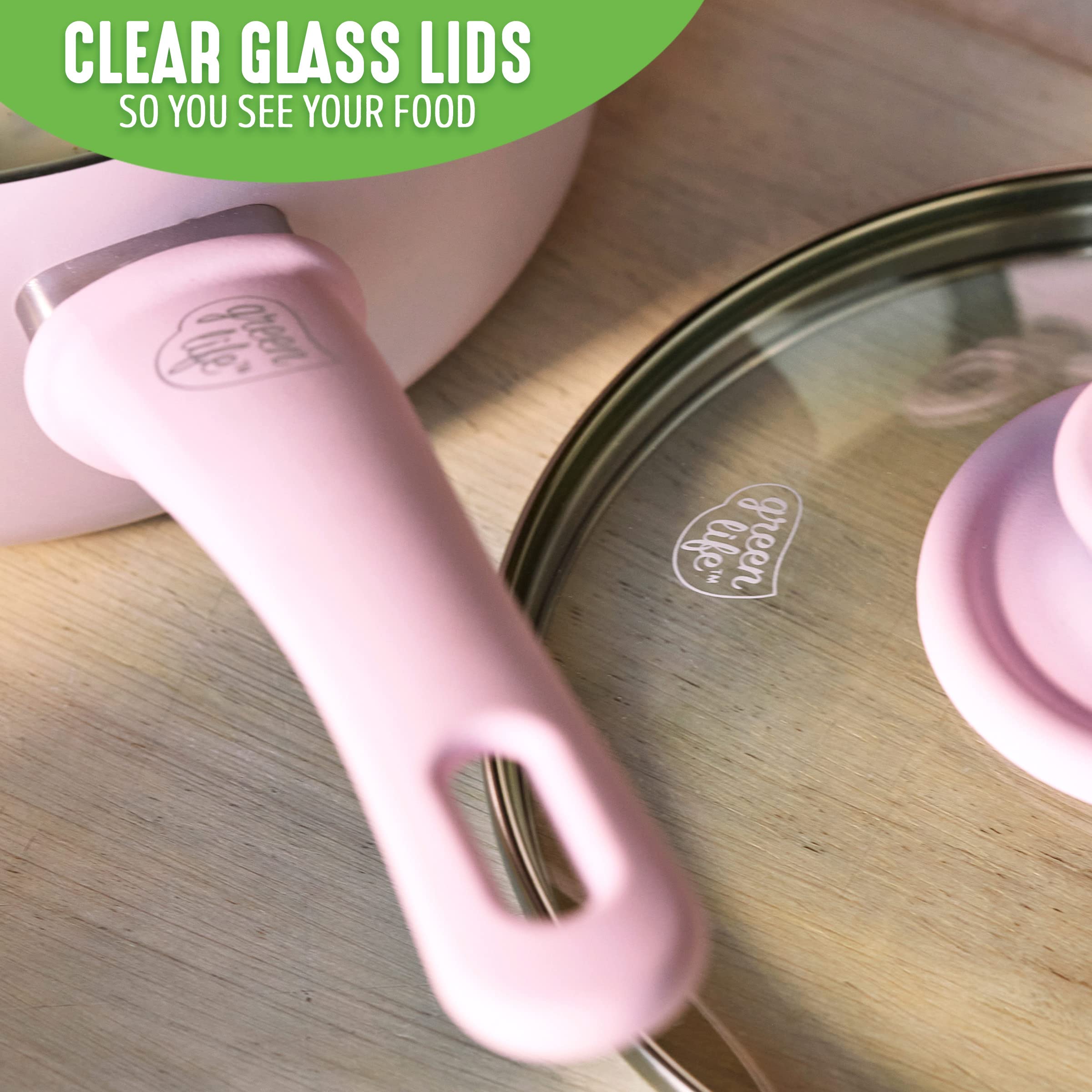 Greenlife Soft Grip Healthy Ceramic Nonstick, 1Qt And 2Qt Saucepan Pot Set With Lids, Pfas-Free, Dishwasher Safe, Soft Pink