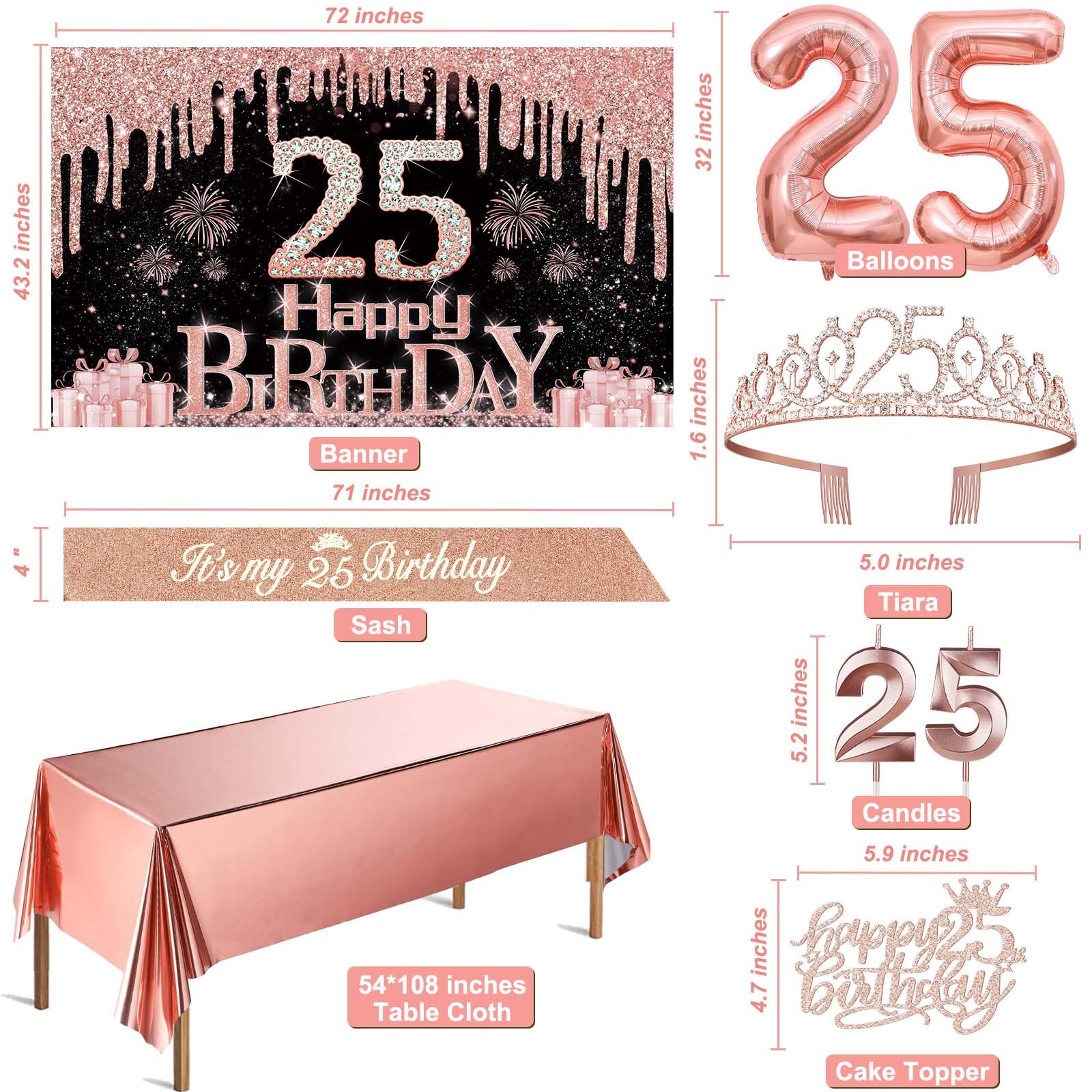 25Th Birthday Decorations For Women With Banner, Rose Gold Tablecloth, Number Balloons, 25Th Birthday Sash And Tiara, Cake Toppe
