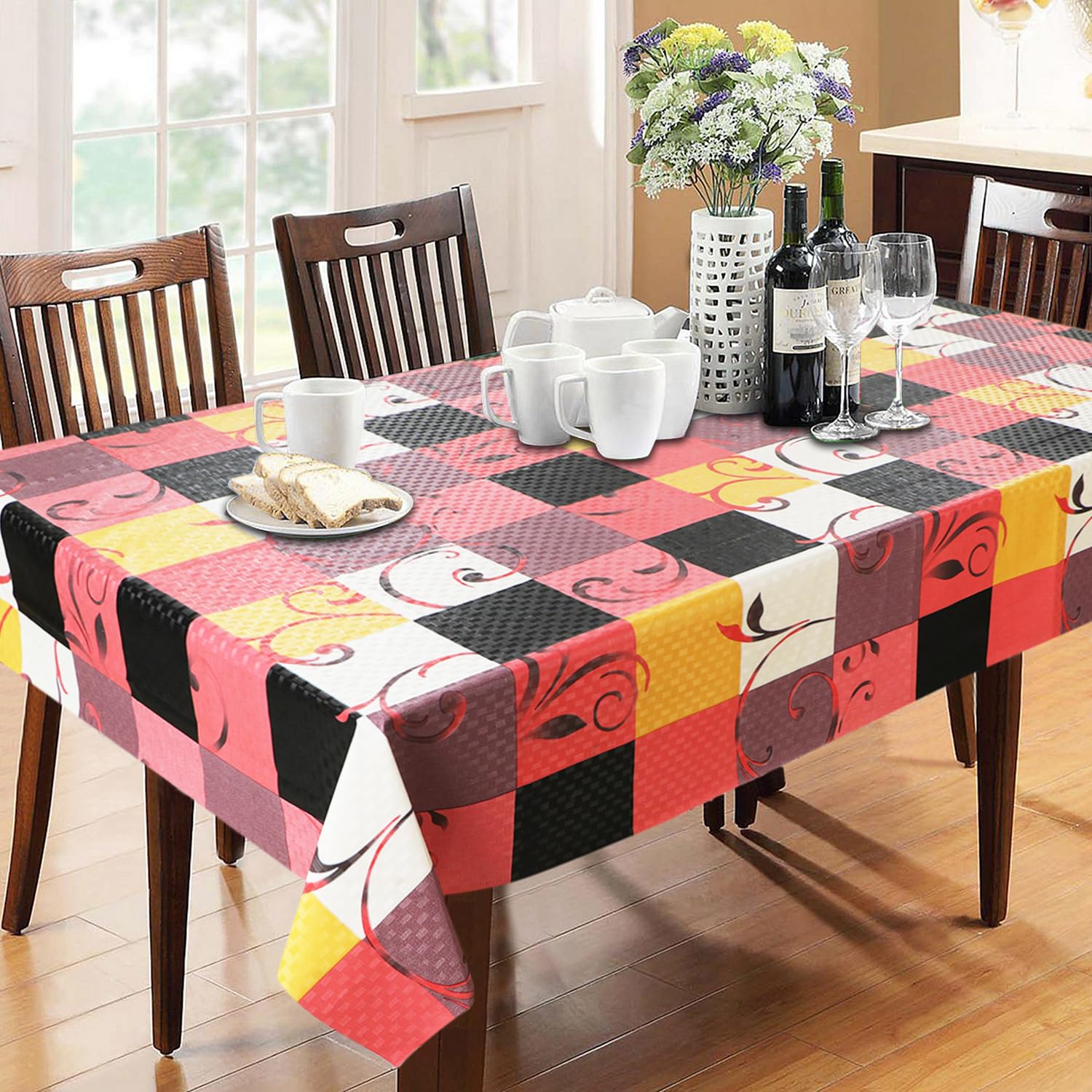Dakshya Industries Rectangular 6 Seater PVC Waterproof Table Cover Without Lace 54x78 Inch (Red&Yellow)
