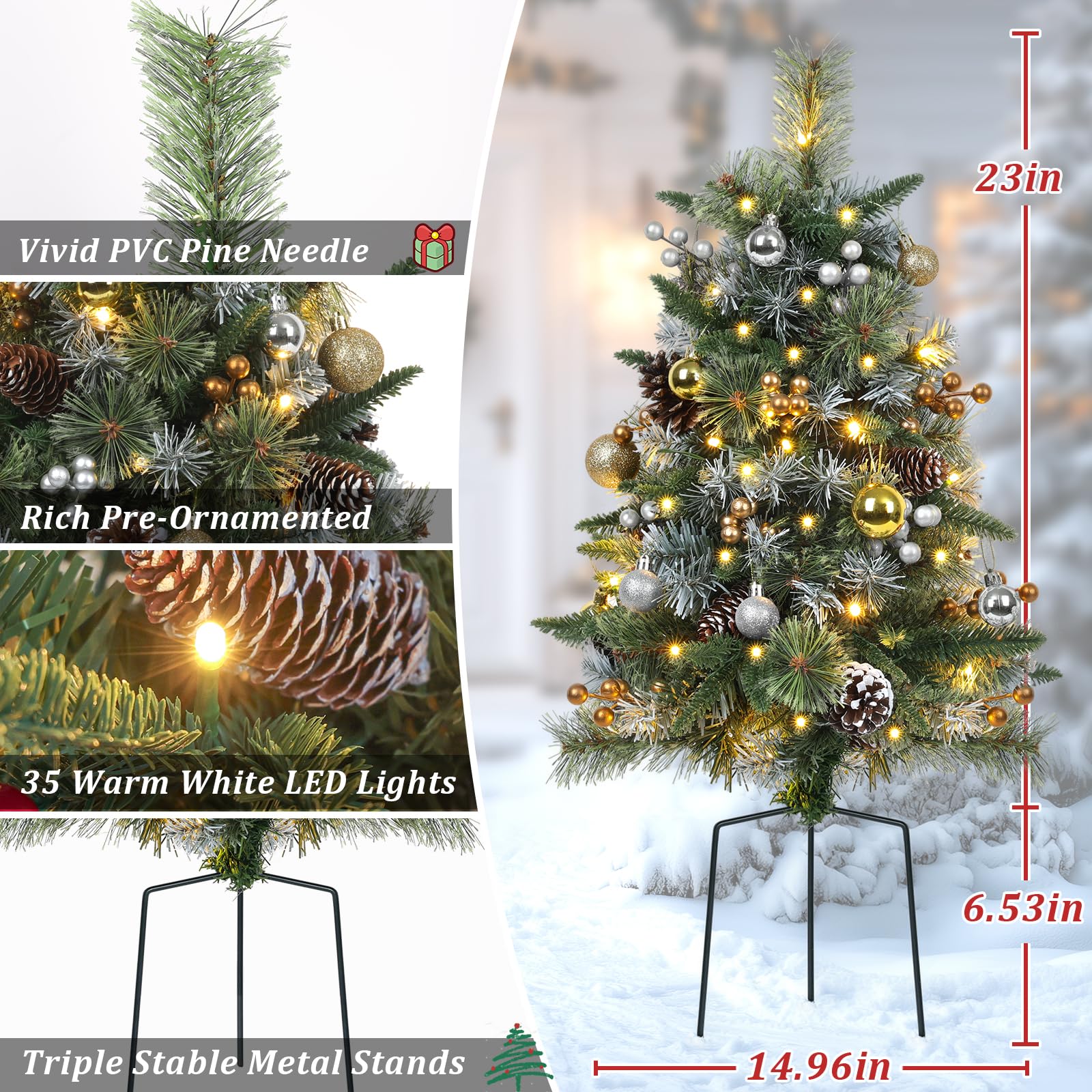 TOWPONICS Set of 2 Outdoor Pathway Christmas Trees, 30    Battery Operated Pre-Lit Frosted Xmas Tree with 35 LED Lights, 8 Flash