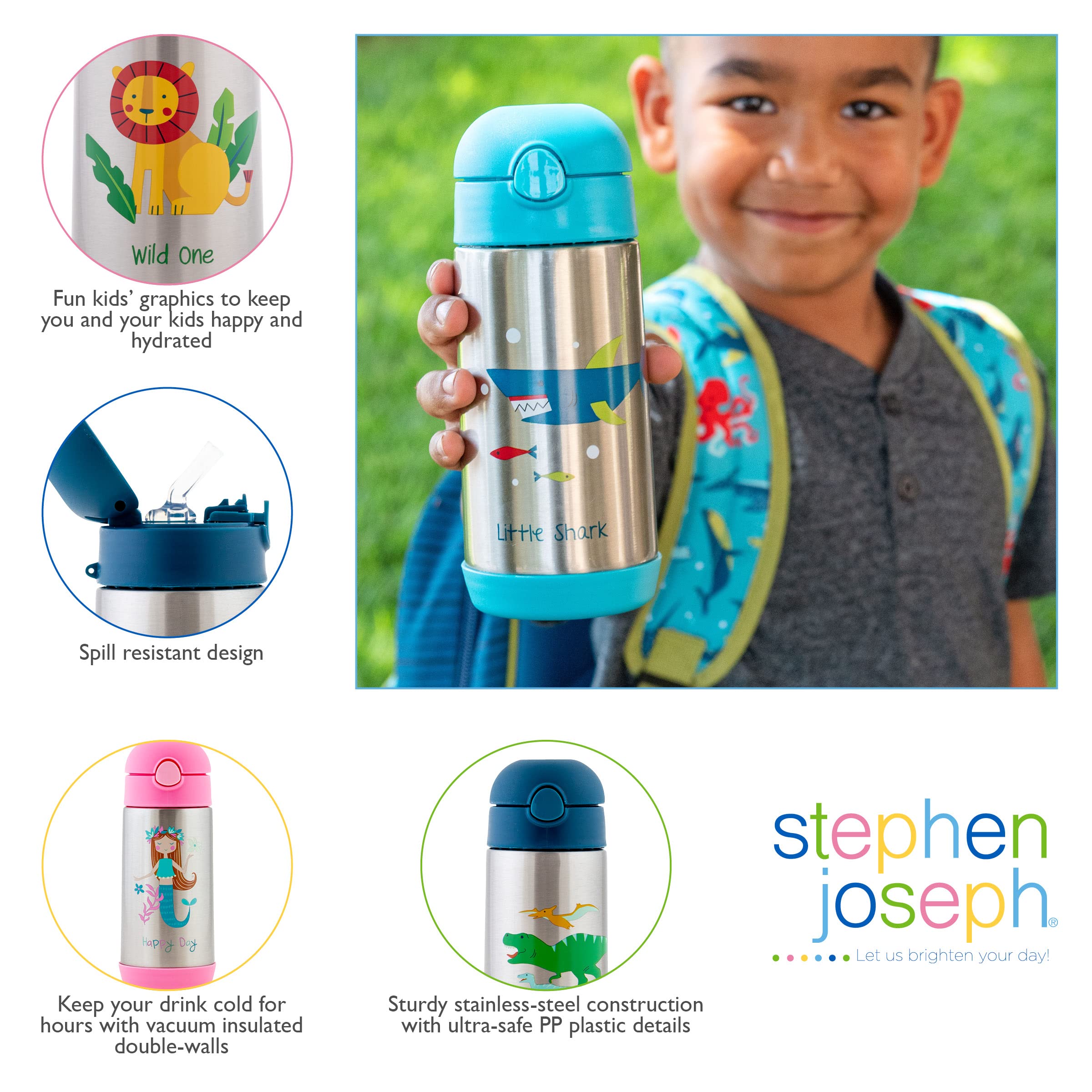 Stephen Joseph Double Wall Stainless Steel Bottles, Insulated Water Bottle For Kids Toddlers, Vacuum Insulated Bottle With Straw