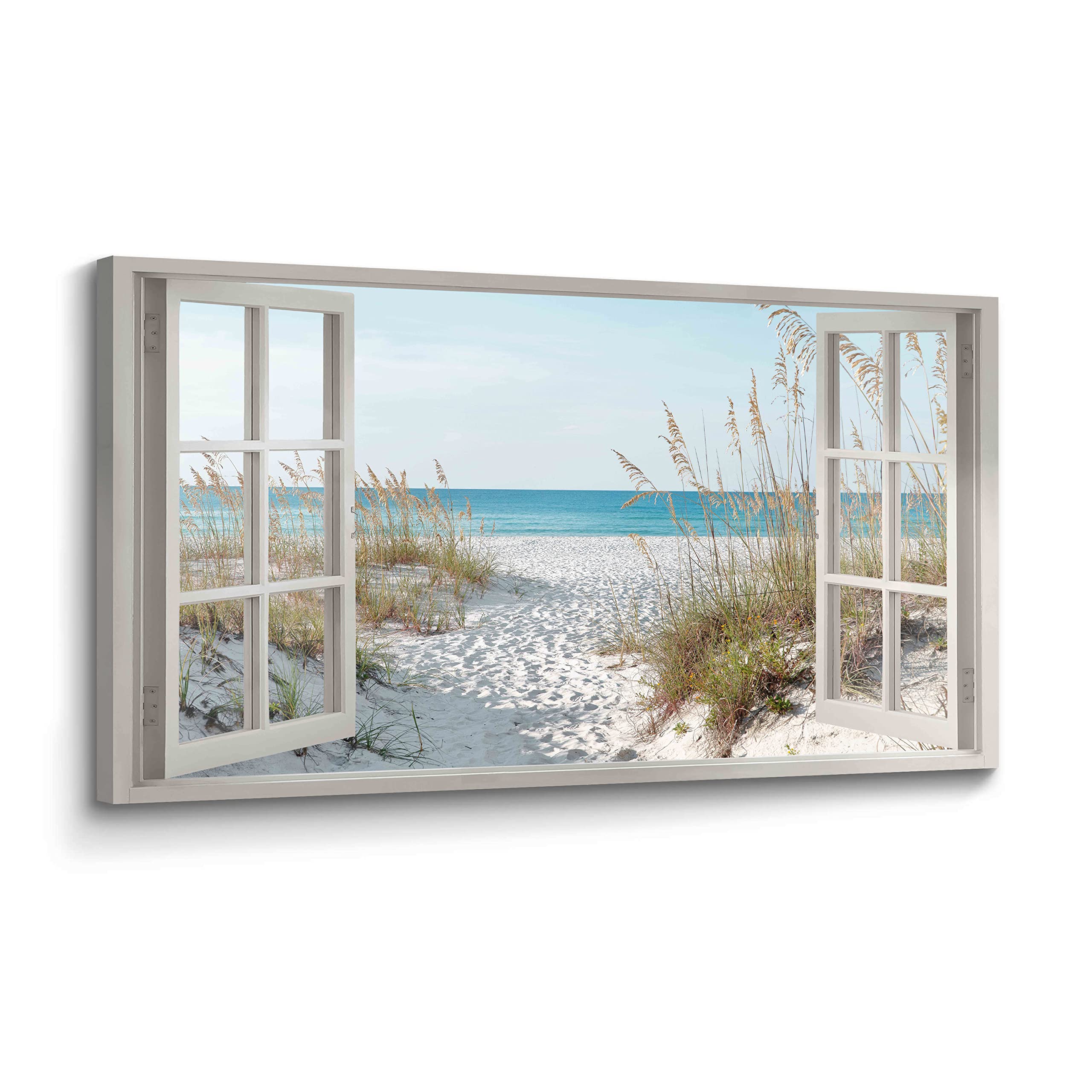 Beach Window Wall Art Canvas: Relaxing Bedroom Living Room Blue Ocean Coastal Scene Picture Modern Tropical Sea Landscape Painti