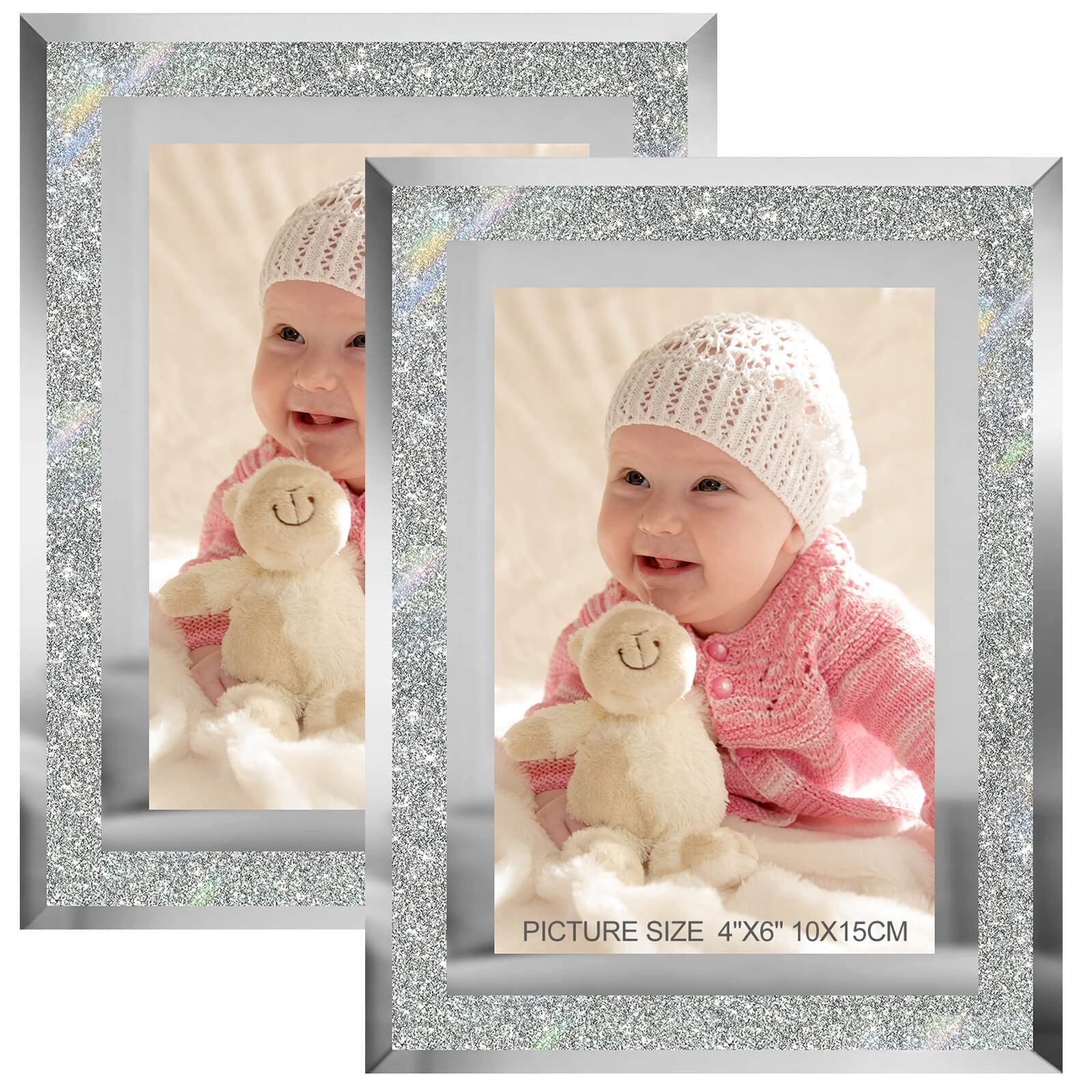 HIKWADERY 4x6 Picture Frames Silver - Set of 2, Sparkle Real Glass 4 by 6 Photo Frame Mirrored Edge Great Gift, for Tabletop or 