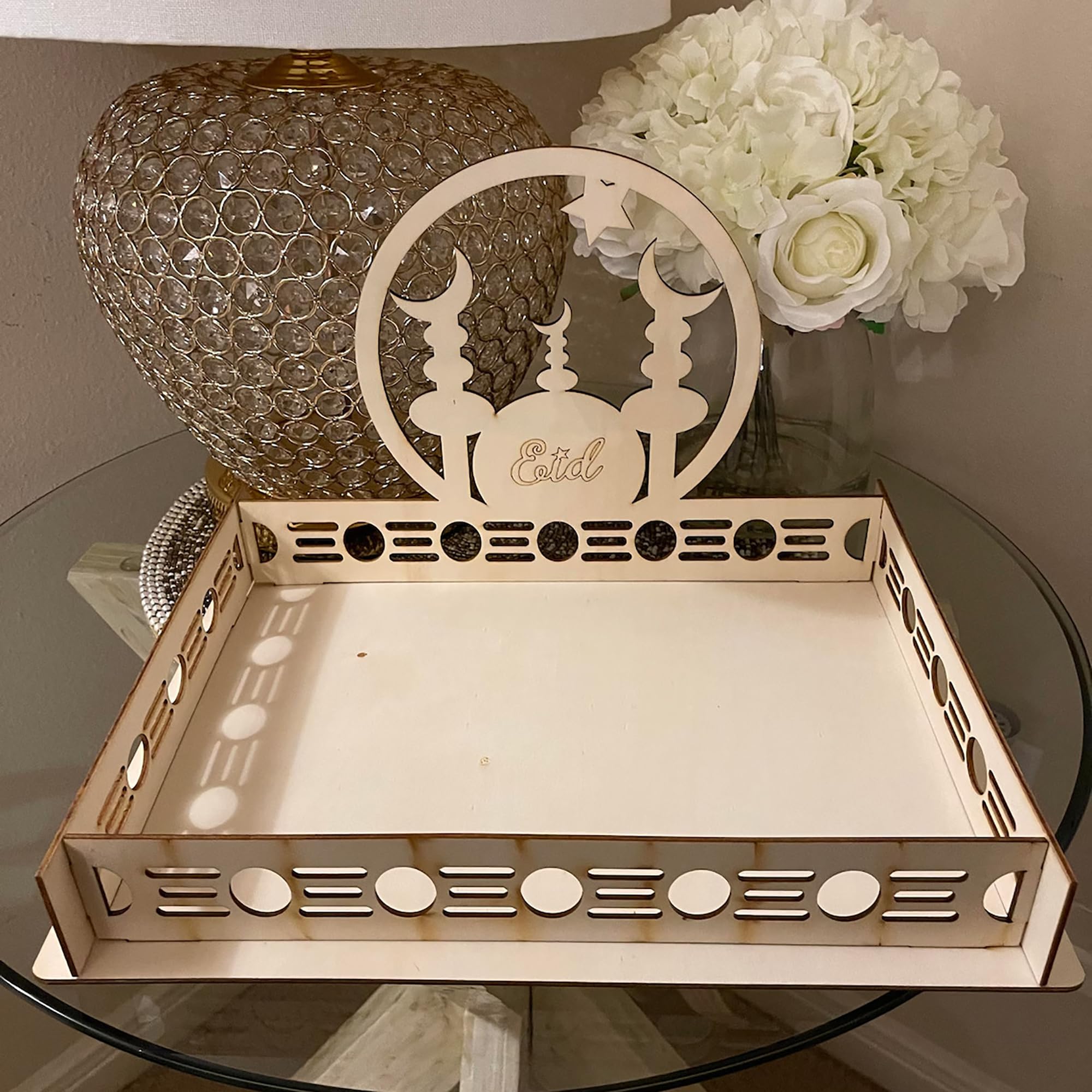 Cliths Wooden Eid & Ramadan Serving Tray, Dessert & Party Tray, Moon And Circle Design, Reusable Wooden Tray For Fruits, Dry Fru