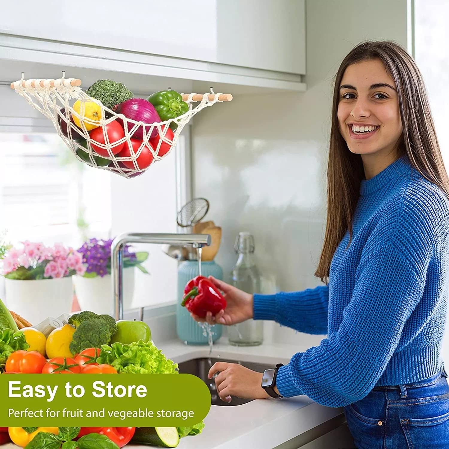 Anptght Cotton Fruit Basket With 5 Hooks, 10-20 Fruits Capacity, Under Cabinet Storage