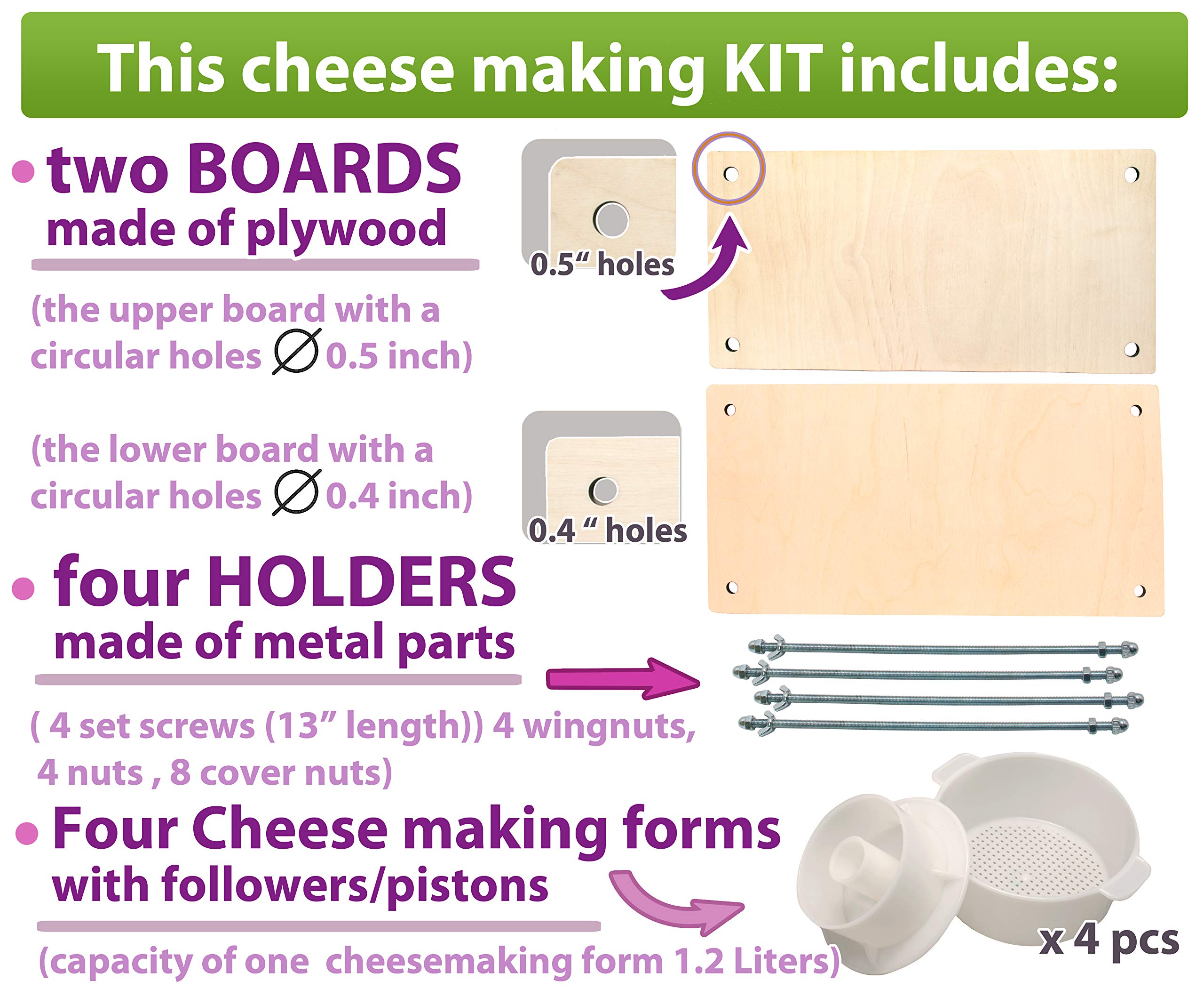 Petristor Wooden Cheese Press For Cheese Making Supplies 16In Metal Guides 13In And 4 Cheese Mold With Follower Piston 1.3Qt - L