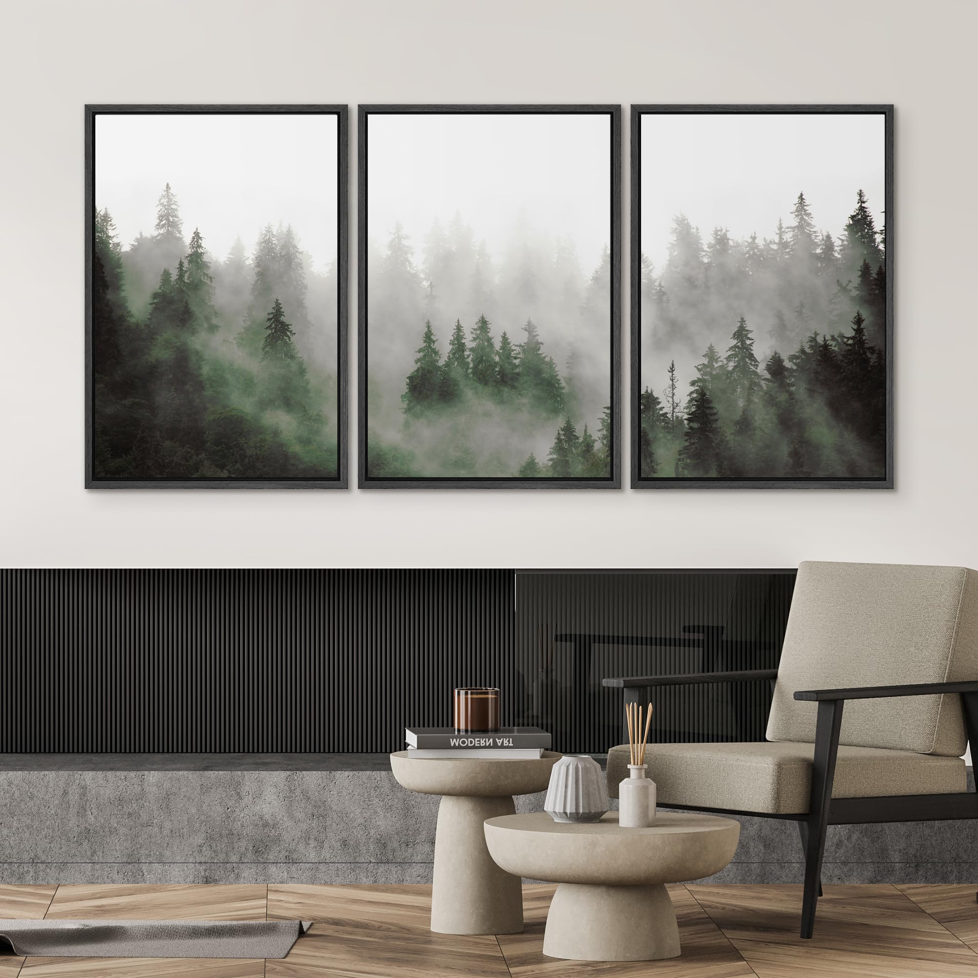 SIGNWIN Framed Canvas Print Wall Art Woodland Nursery Decor Set Fog & Mist Over Green Pine Tree Forest Nature Wilderness Modern Art Chic Landscape for Living Room  Bedroom  Office - 16''x24''x3 Black