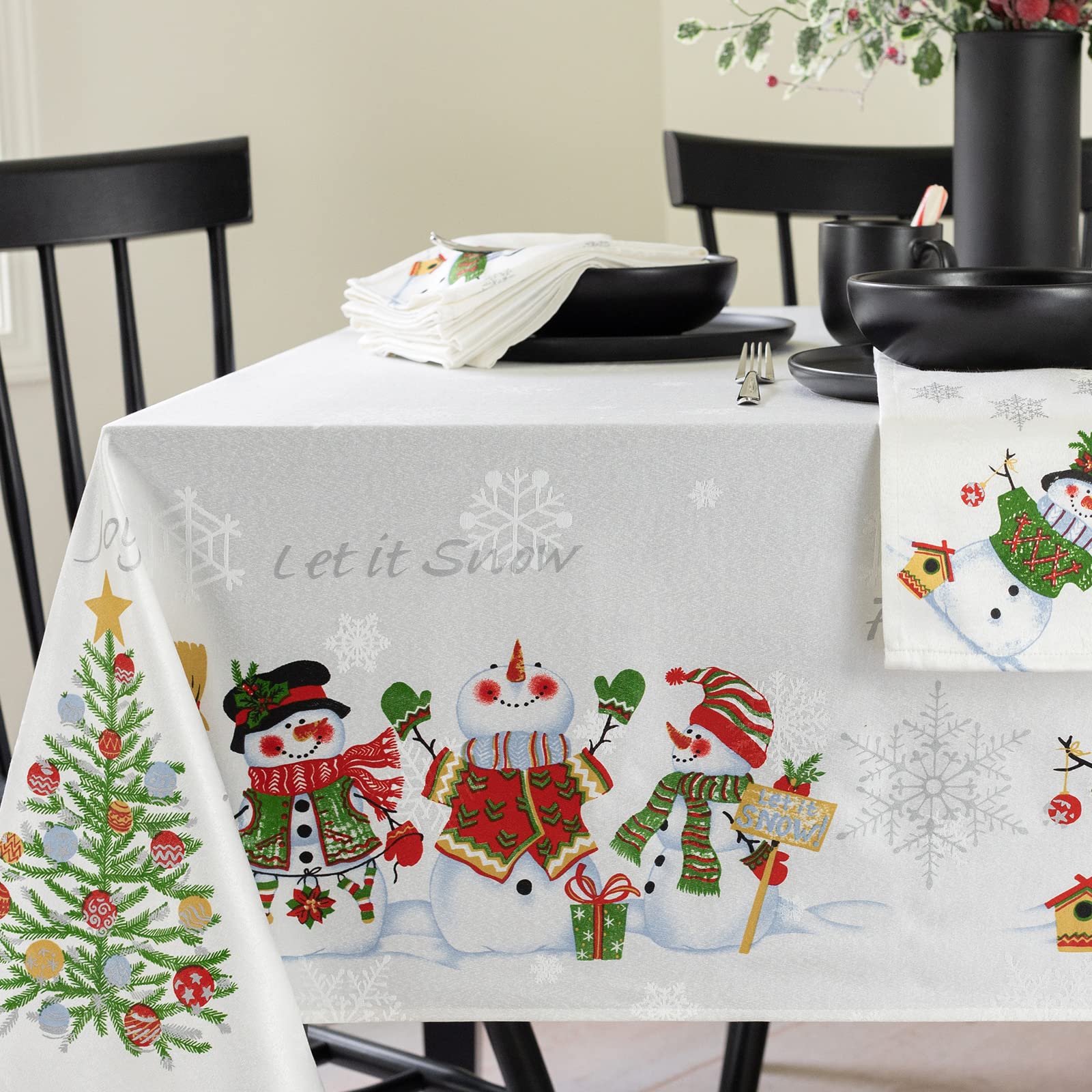Benson Mills Believe Snowman Engineered Printed Jacquard Fabric Christmas Table Cloth, Christmas Tablecloth For All Winter And H