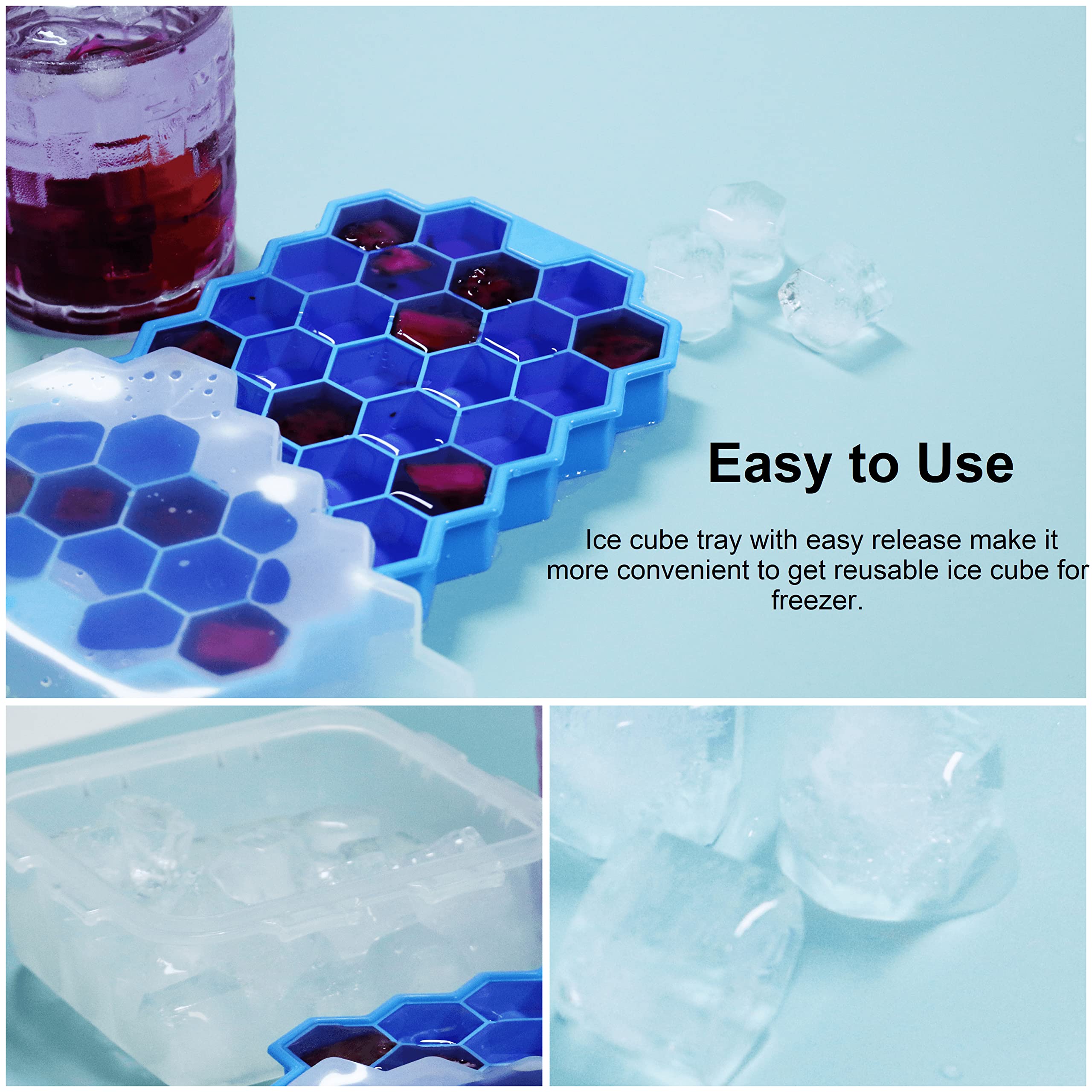 Ice Cube Trays For Freezer With Lid-37 Grid 4Pcs Multicolor Silicone Ice Cube Tray With Lid For Small Ice Cube Molds,Easy-Releas