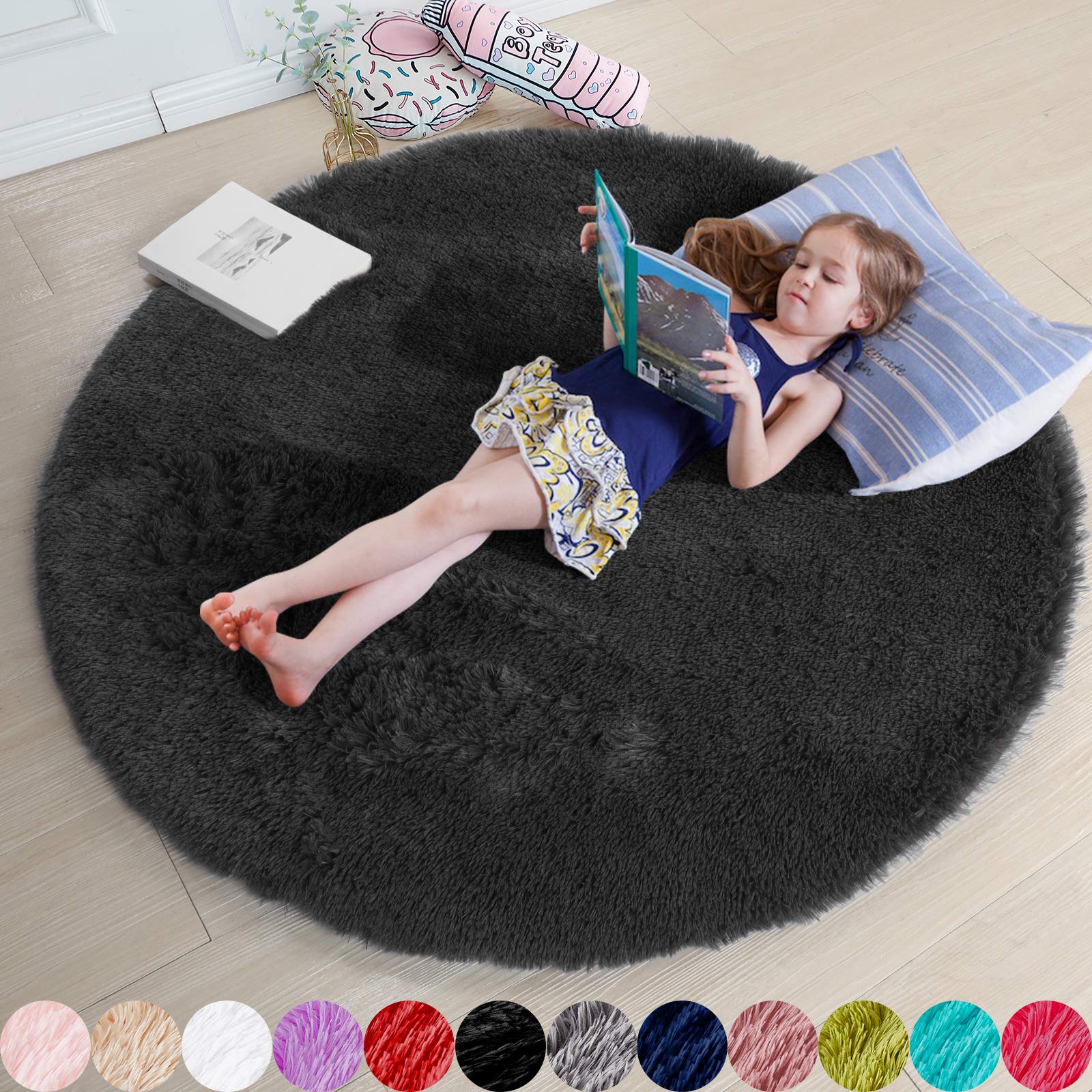 Black Round Rug for Bedroom,Fluffy Circle Rug 5X5 for Kids Room,Furry Carpet for Teens Room,Shaggy Circular Rug for Nursery R