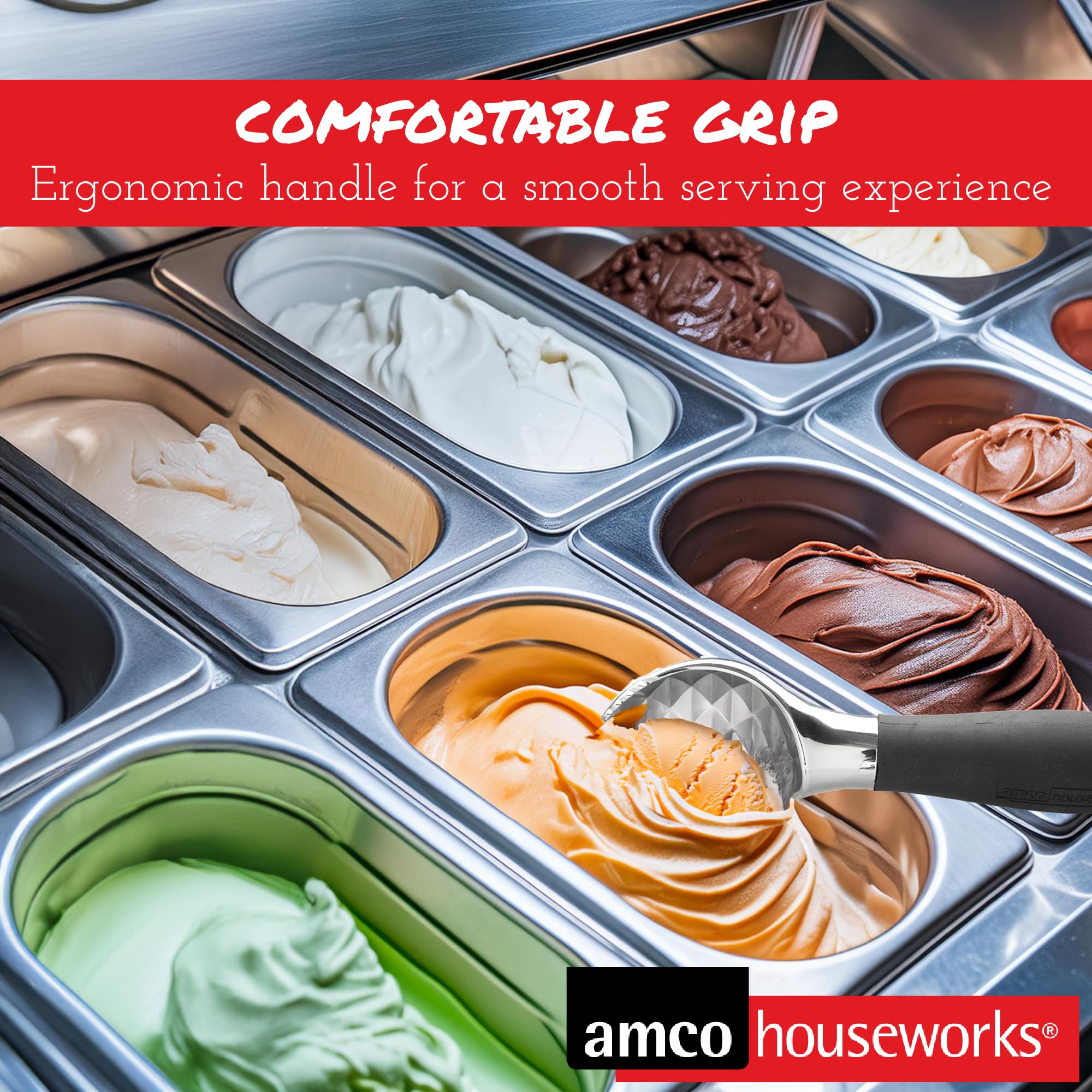 Amco 7.25'' Serrated Ice Cream Scooper | Aluminum | Dishwasher Safe | Comfortable Grip Handle For Smooth Serving Experience | Id