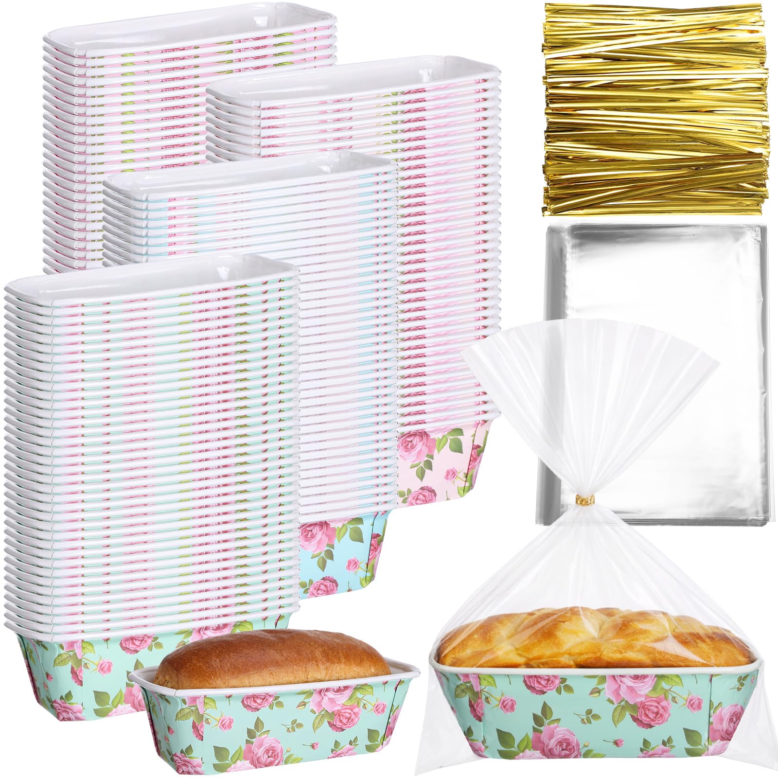 LemonRoad 100 Sets Wedding Paper Loaf Pan for Baking 6.3 x 2.2 x 2.2 Inch Small Disposable Rose Flower Baking Pans with Clear Pl