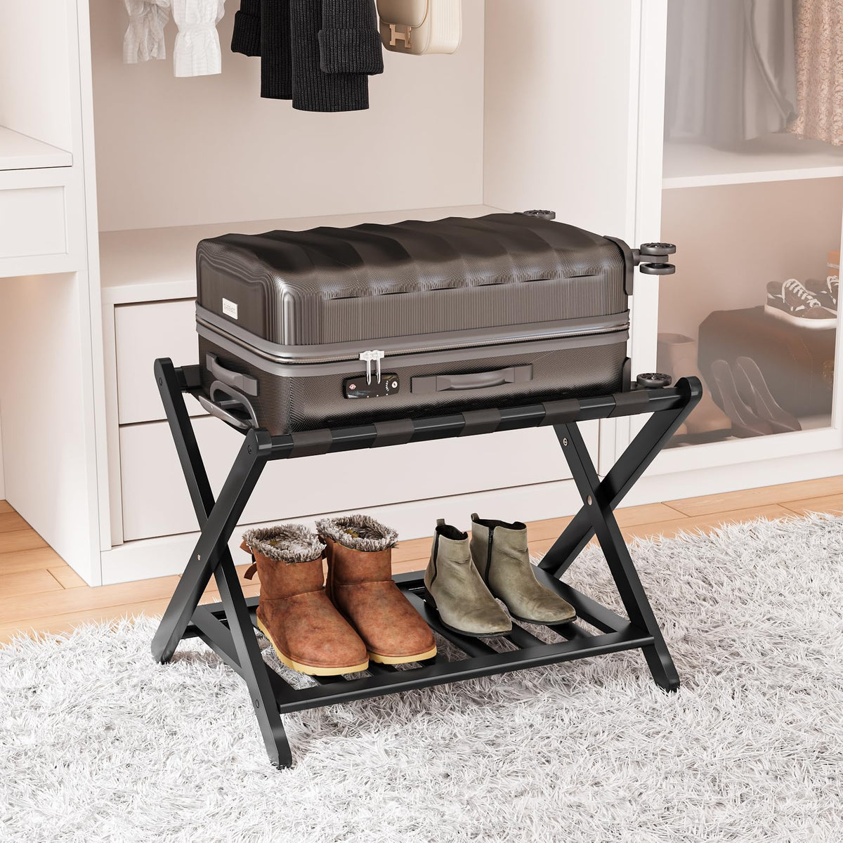 Smart Fendee Fully Assembled Black Bamboo Luggage Rack, 5 Straps Suitcase Stand With Shoe Shelf, Folding Heavy Duty Luggage Stan