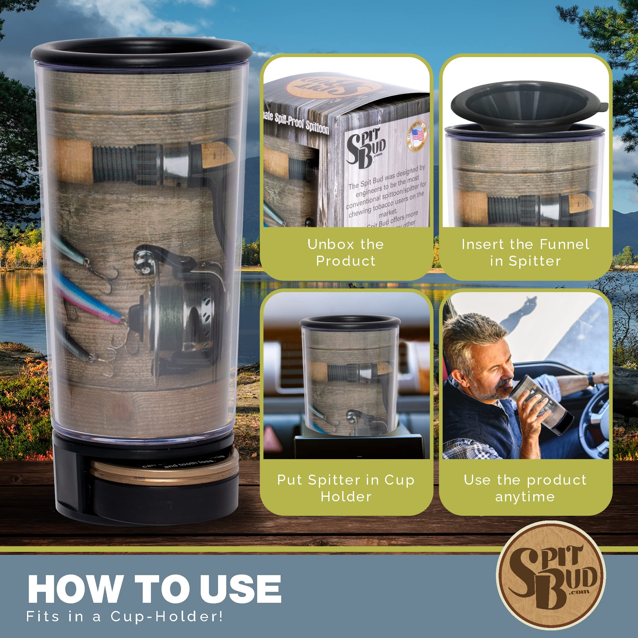 Fishing Rod by Spit Bud - The Ultimate Spittoon for Chew - Portable Dip & Snuff Cup with Lid, Pop Tab, Spill-Proof Funnel, Can C