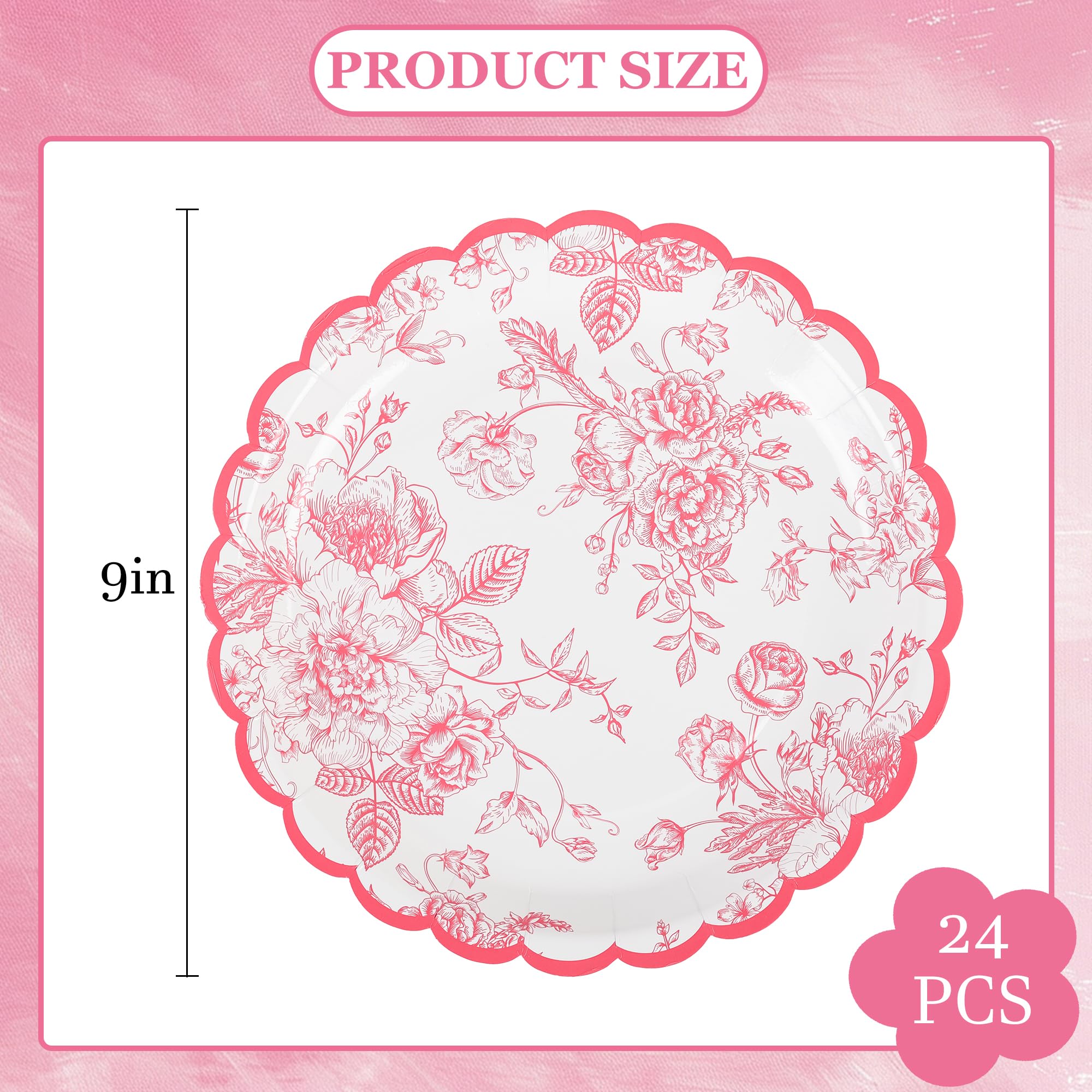 Elyxio Pink Floral Party Plates Floral Leaf Scalloped Disposable Paper Plates Pink And White Toile 9'' Dinner Plates For Valenti