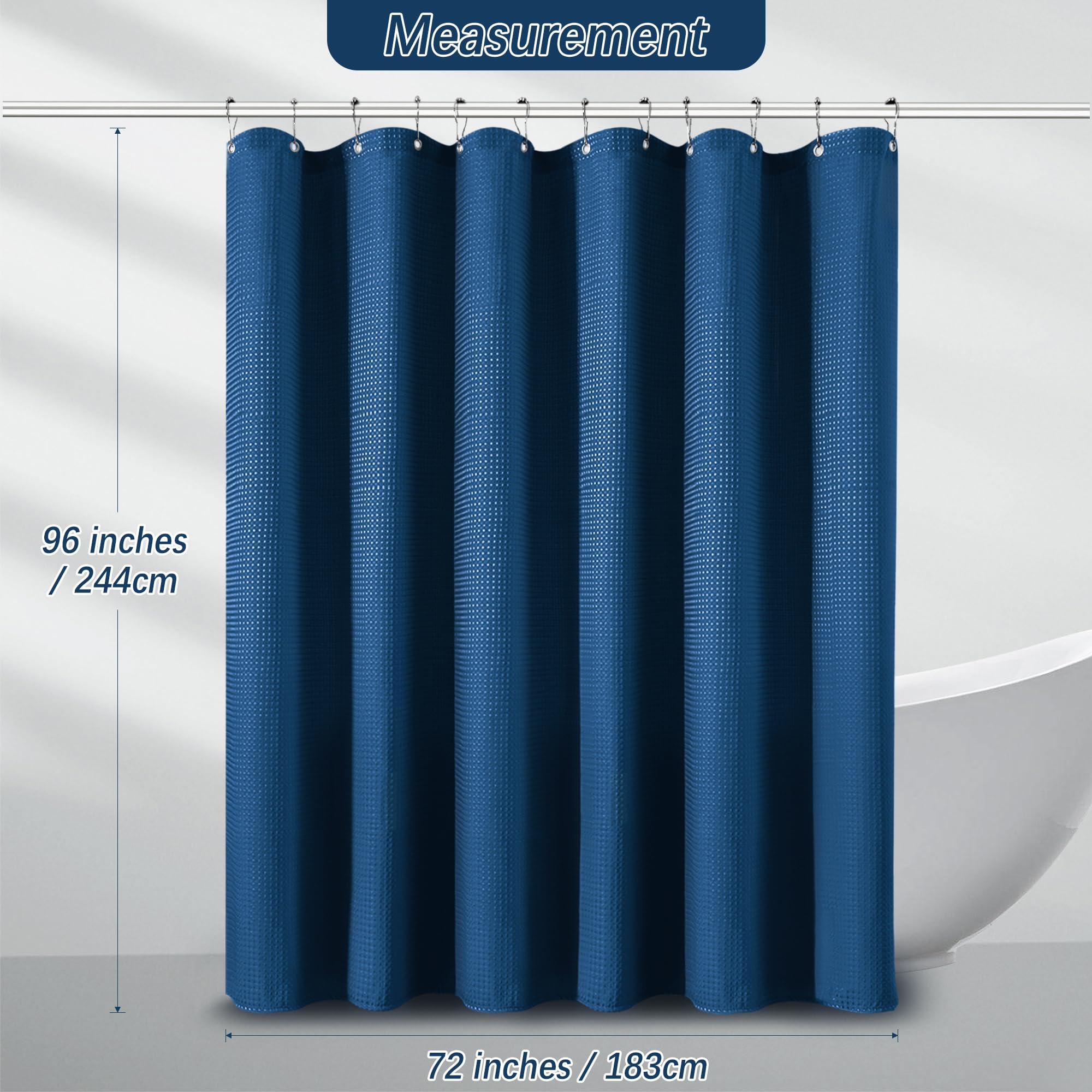 Pangsinne Extra Long Shower Curtains 96 Inch Classic Blue Waffle Shower Curtain For Bathroom, Heavy Duty 256Gsm Modern Shower Cu