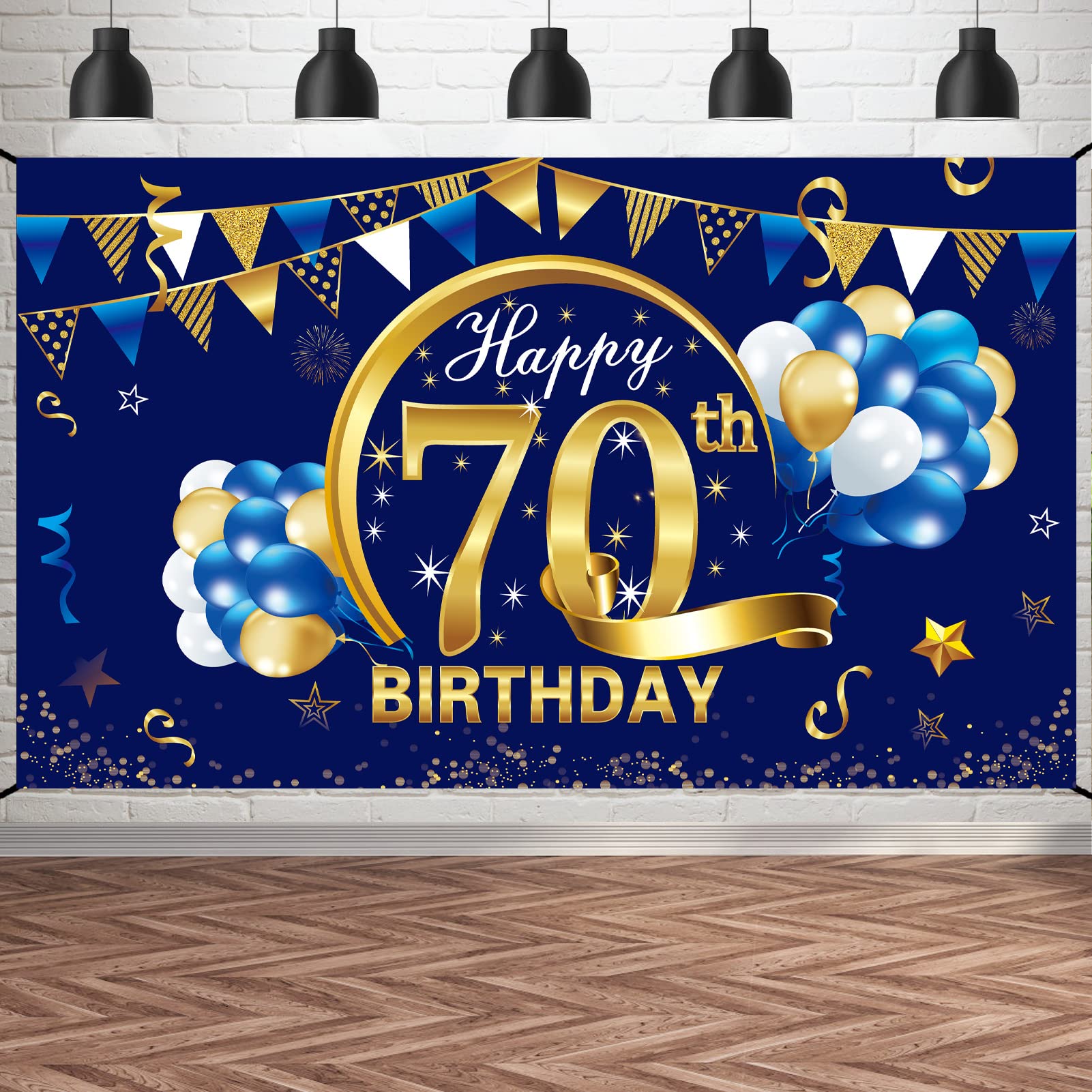 Happy 70Th Birthday Banner Decorations For Men, Blue Gold 70 Birthday Backdrop Party Supplies, 70 Year Old Birthday Photo Backgr