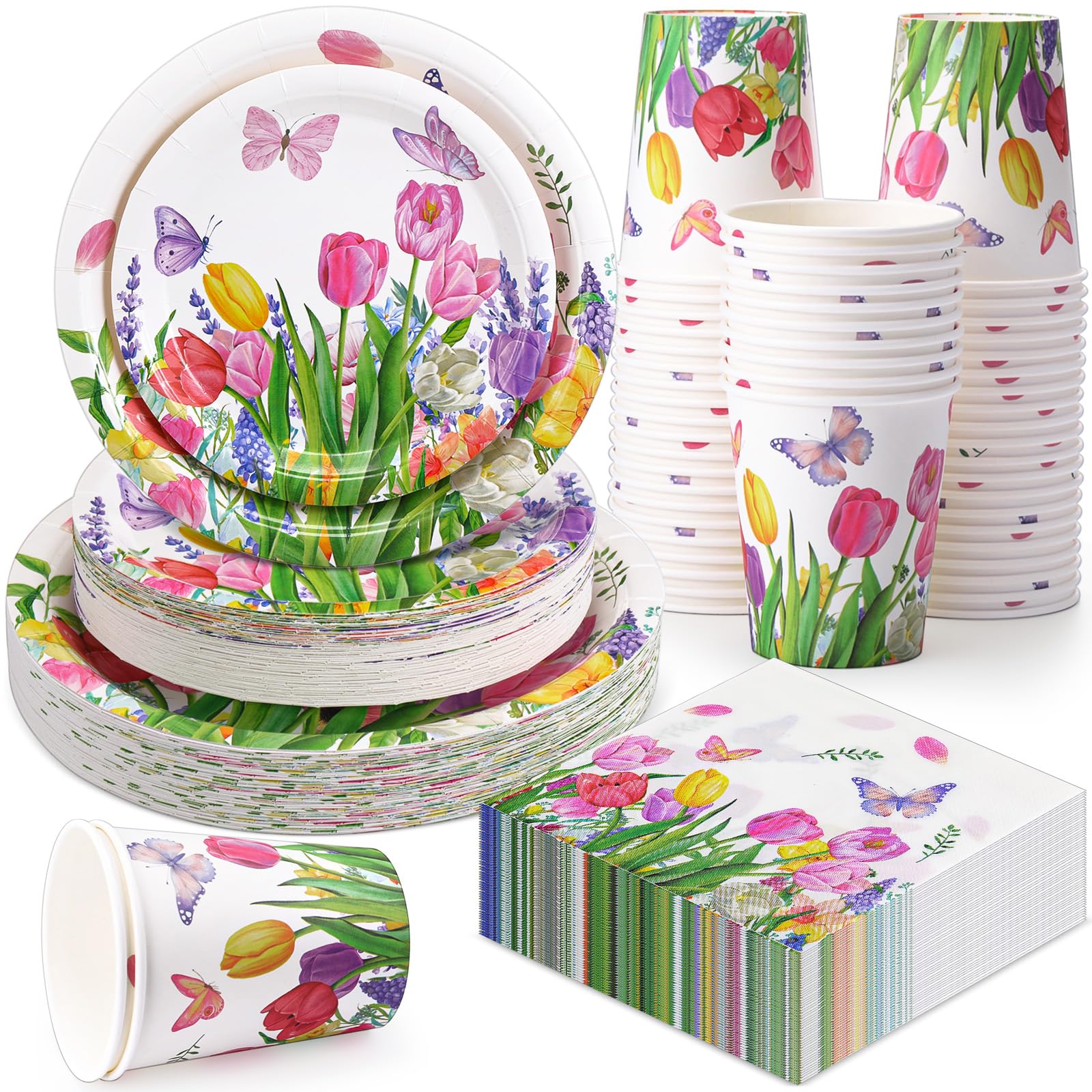 Pickmesh 250 Pcs Party Disposable Tableware Set Paper Plates and Napkins Cups Supplies Tea Party Theme Dinner Dinnerware for Bir