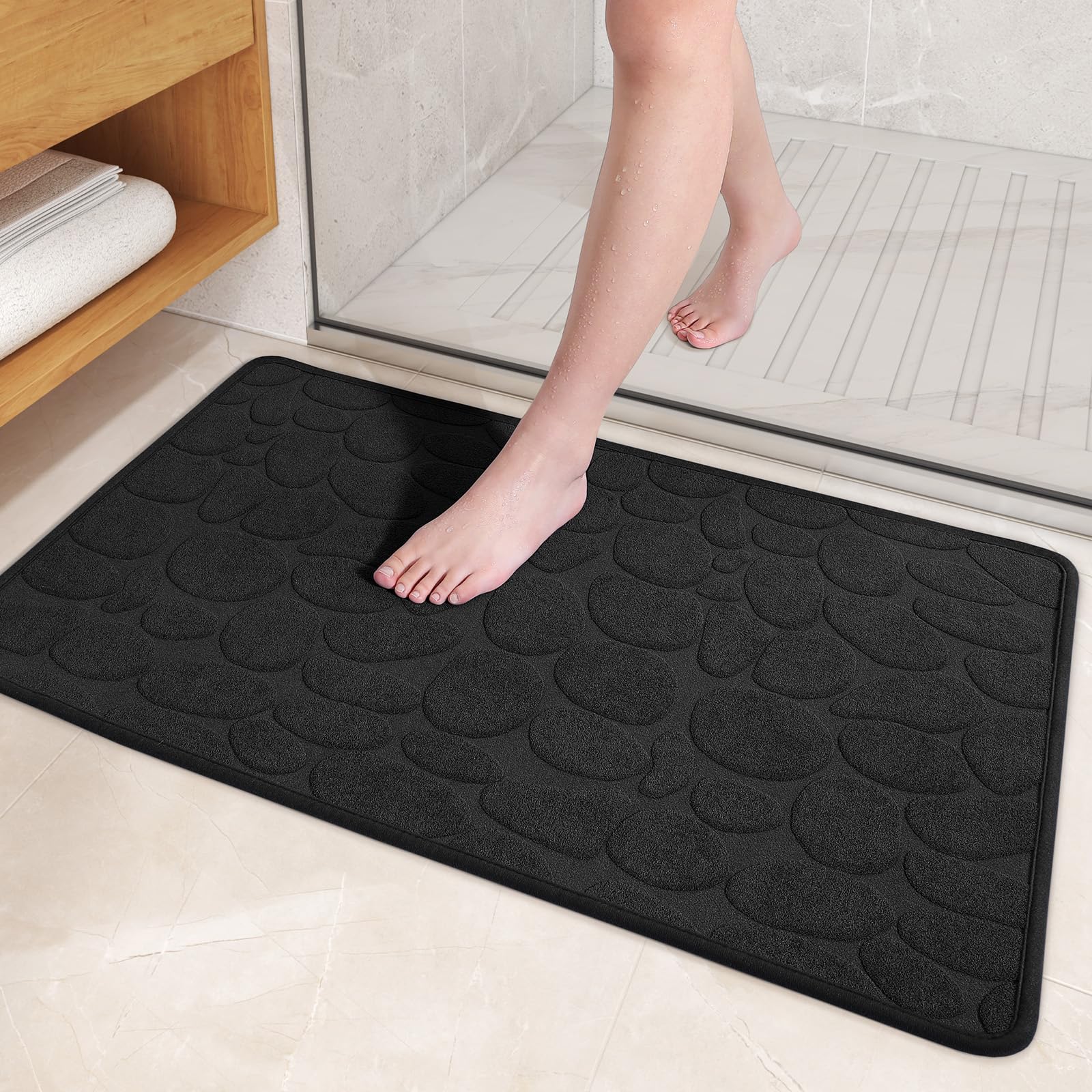 Color&Geometry Quick Dry Thin Bathroom Rugs Fit Under Door- Super Absorbent, Non Slip Rubber Backing, Non Shedding, Washable Bla