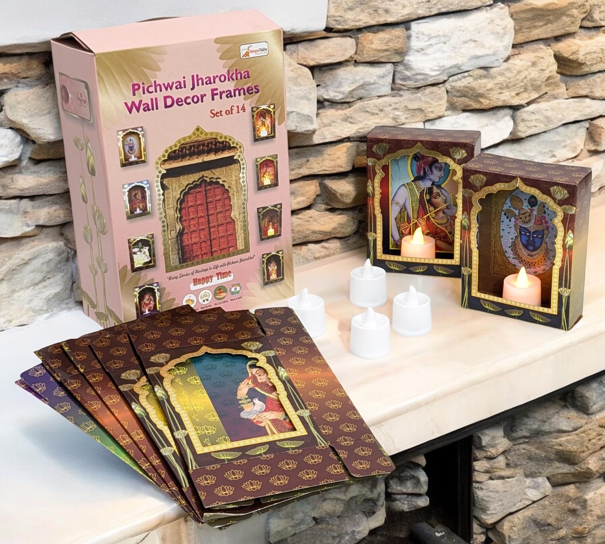 StepsToDo Pitchwai Jharokha Wall Dcor Box Frames (Pack of 14) Deep Deewar With LED Candle, Jharokha Style Wall & Home Decor for