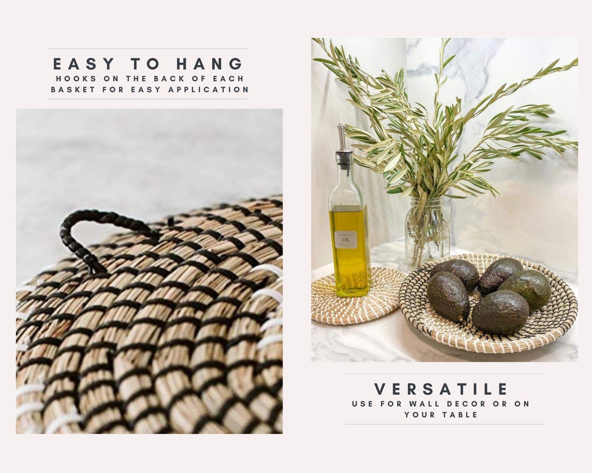 Handmade Hanging Wall Basket Decor - (Set Of 3) - Round Woven Basket Wall Decor - Natural Boho Home Decor - Decorative Seagrass