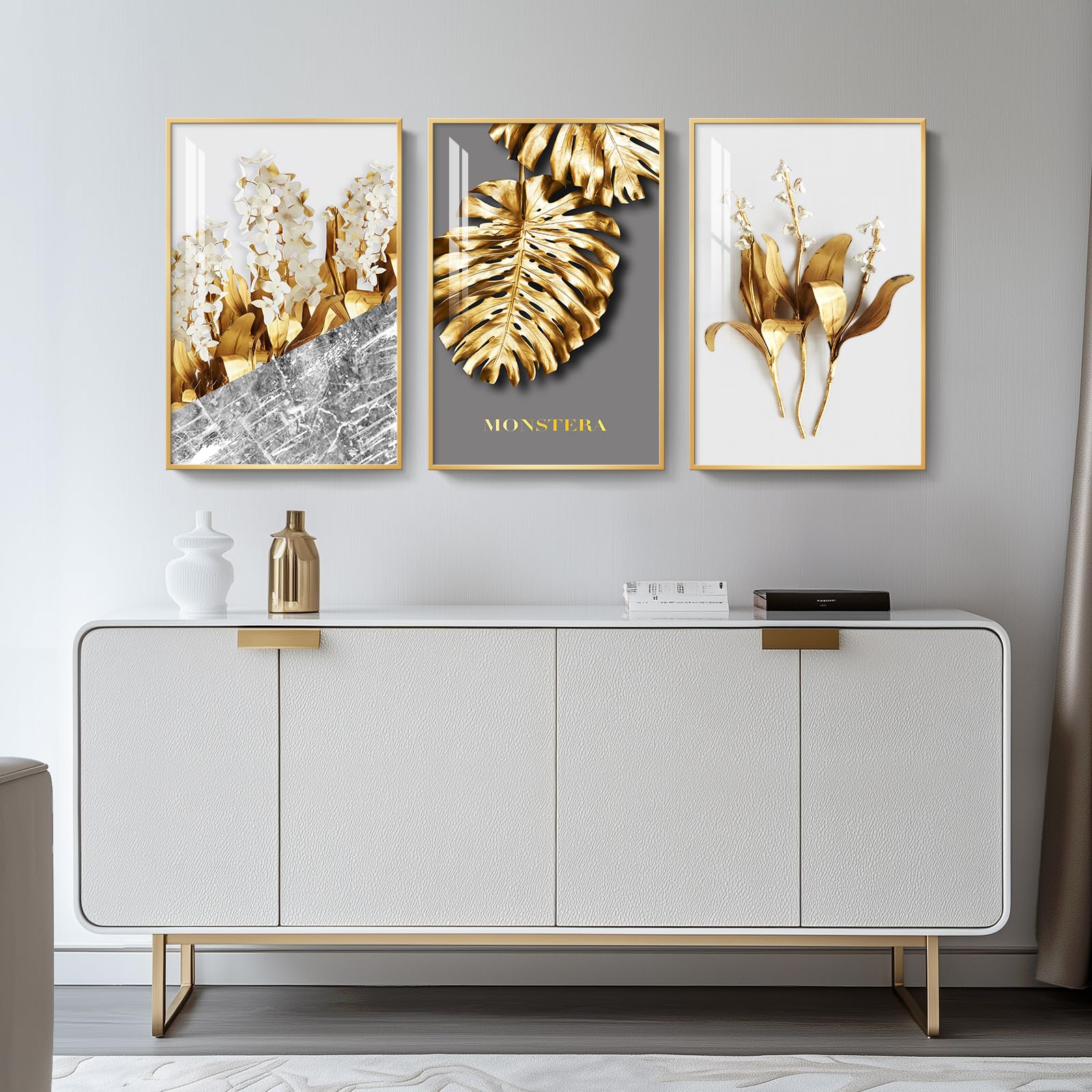 Framed Modern Luxury Large Gold Wall Art For Living Room, Set Of 3 Piece Contemporary Paintings Artwork For Walls, Golden Leaf P