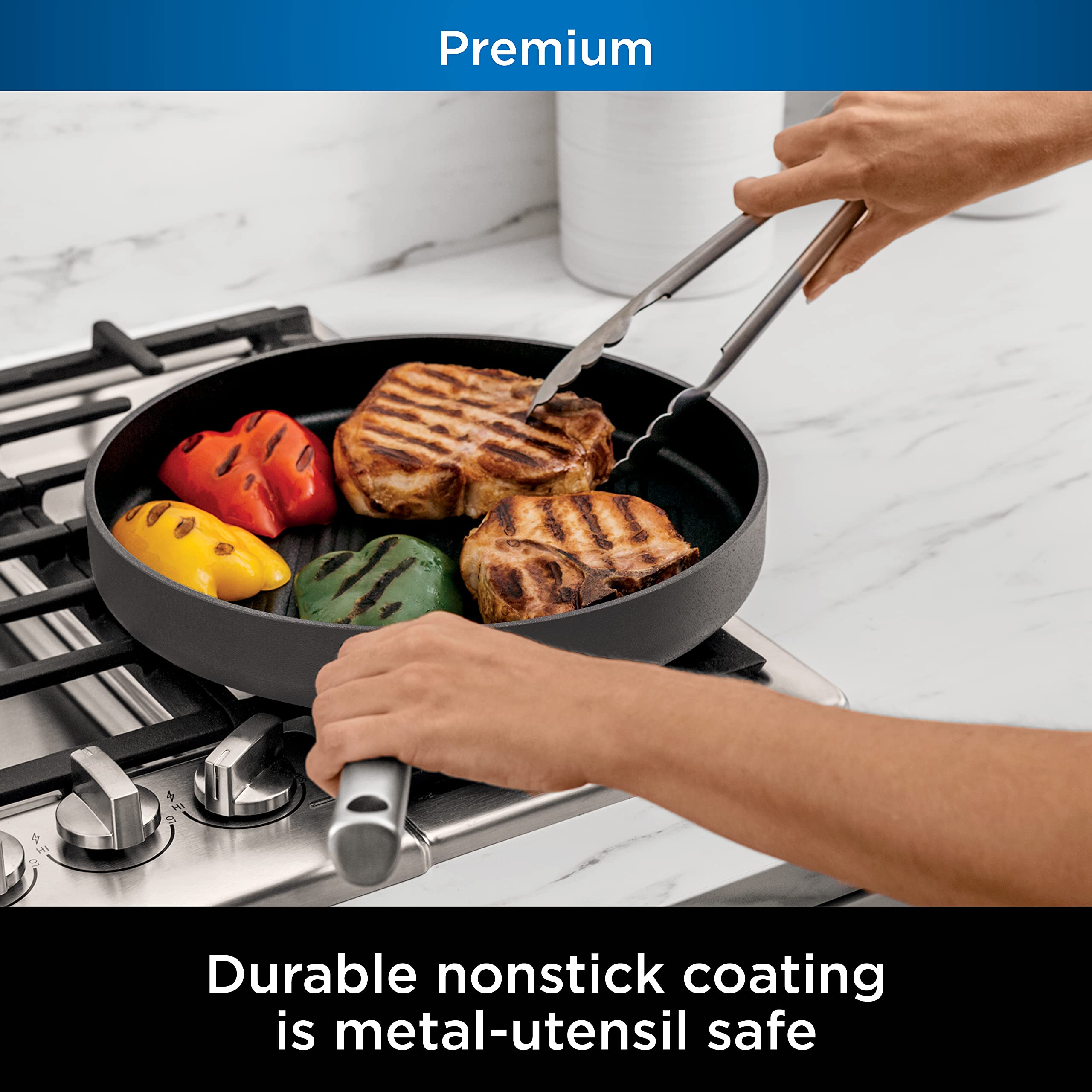 Ninja C30530 Foodi Neverstick Premium 12-Inch Round Grill Pan, Hard-Anodized, Nonstick, Durable & Oven Safe To 500F, Slate Grey