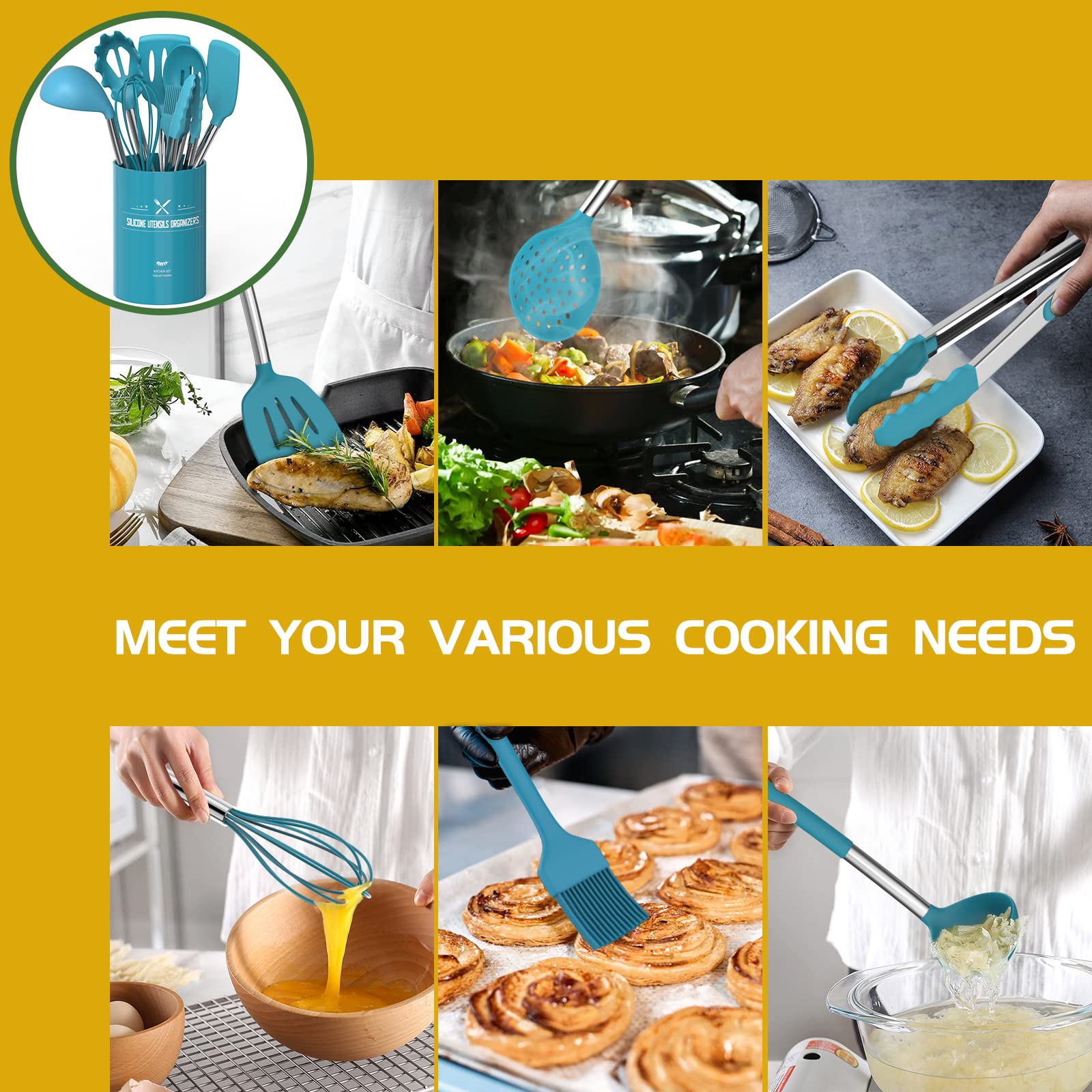 15 Pcs Silicone Cooking Utensils Kitchen Utensil Set - Umite Chef 446F Heat Resistant Stainless Steel Handles Kitchen Gadgets To