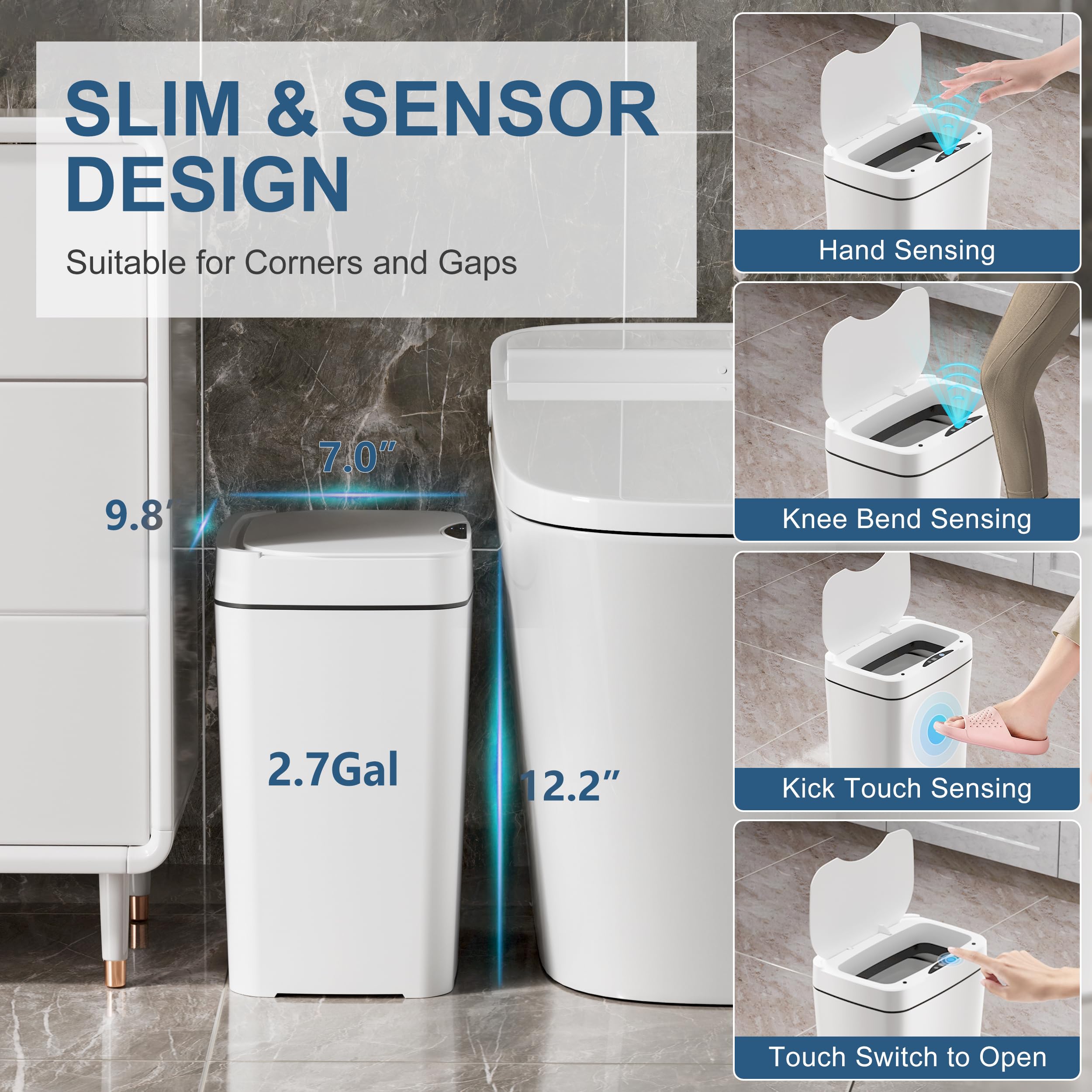 Vanpopubs 2 Pack 2.7 Gal Bathroom Trash Can With Lid, Automatic Trash Can Small Smart Garbage Can Touchless, Slim Motion Sensor