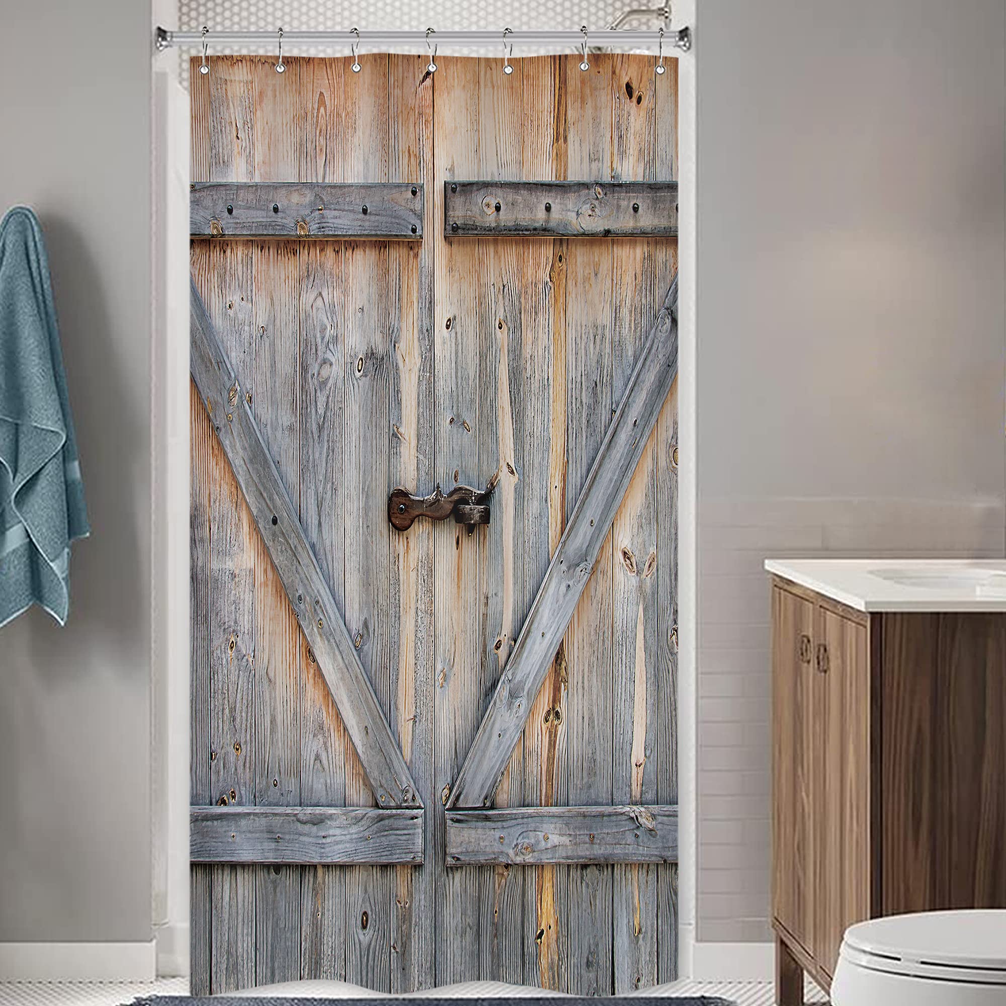 Riyidecor Rustic Small Stall Barn Door Shower Curtain 39Wx72H Farmhouse Wooden Vintage Wood Plank Country Old Garage Barn Wood R