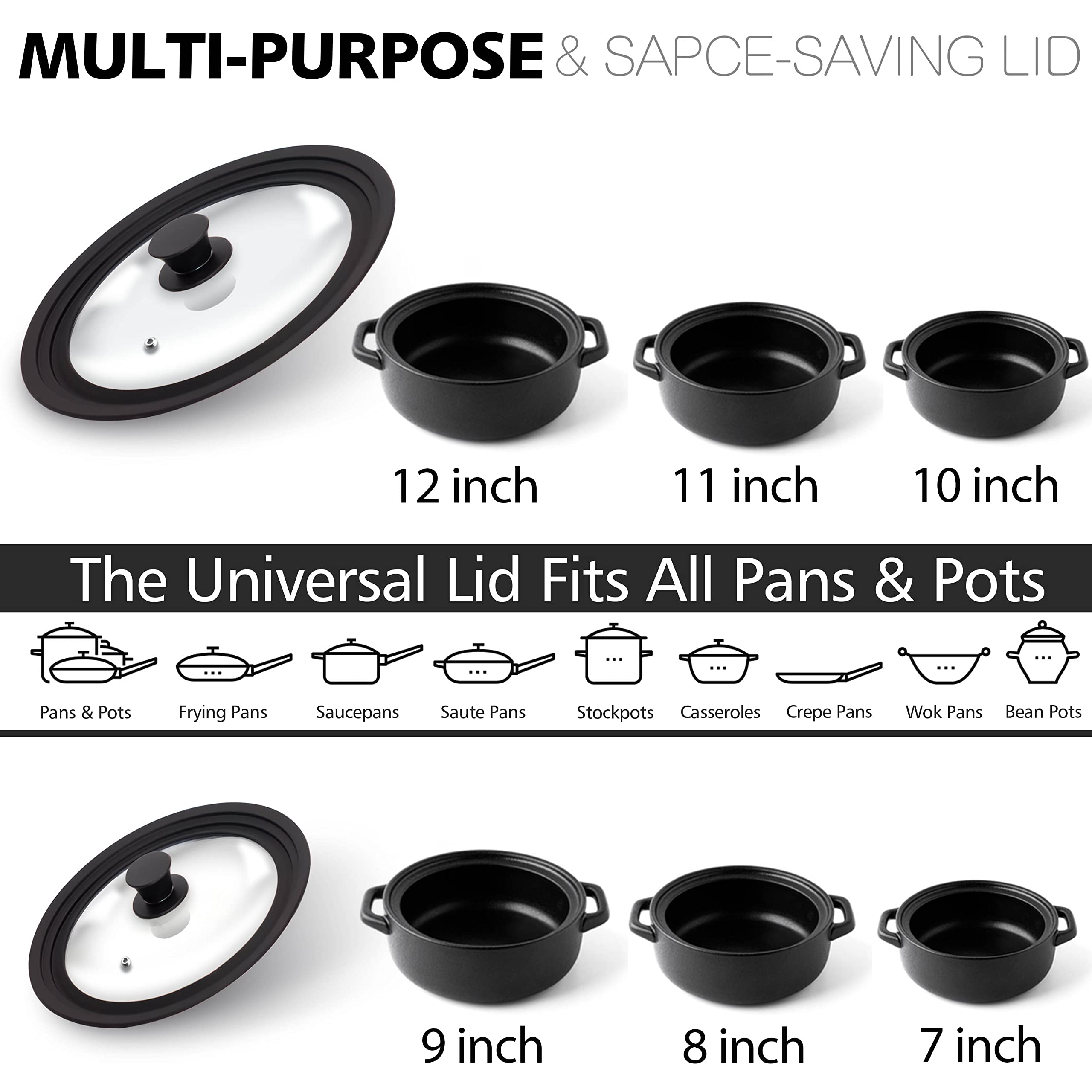 Anaeat Silicone Universal Lid For Pots, Pans And Skillets - Tempered Glass Covered With Heat Resistant Silicone Rim Fits All 7 T