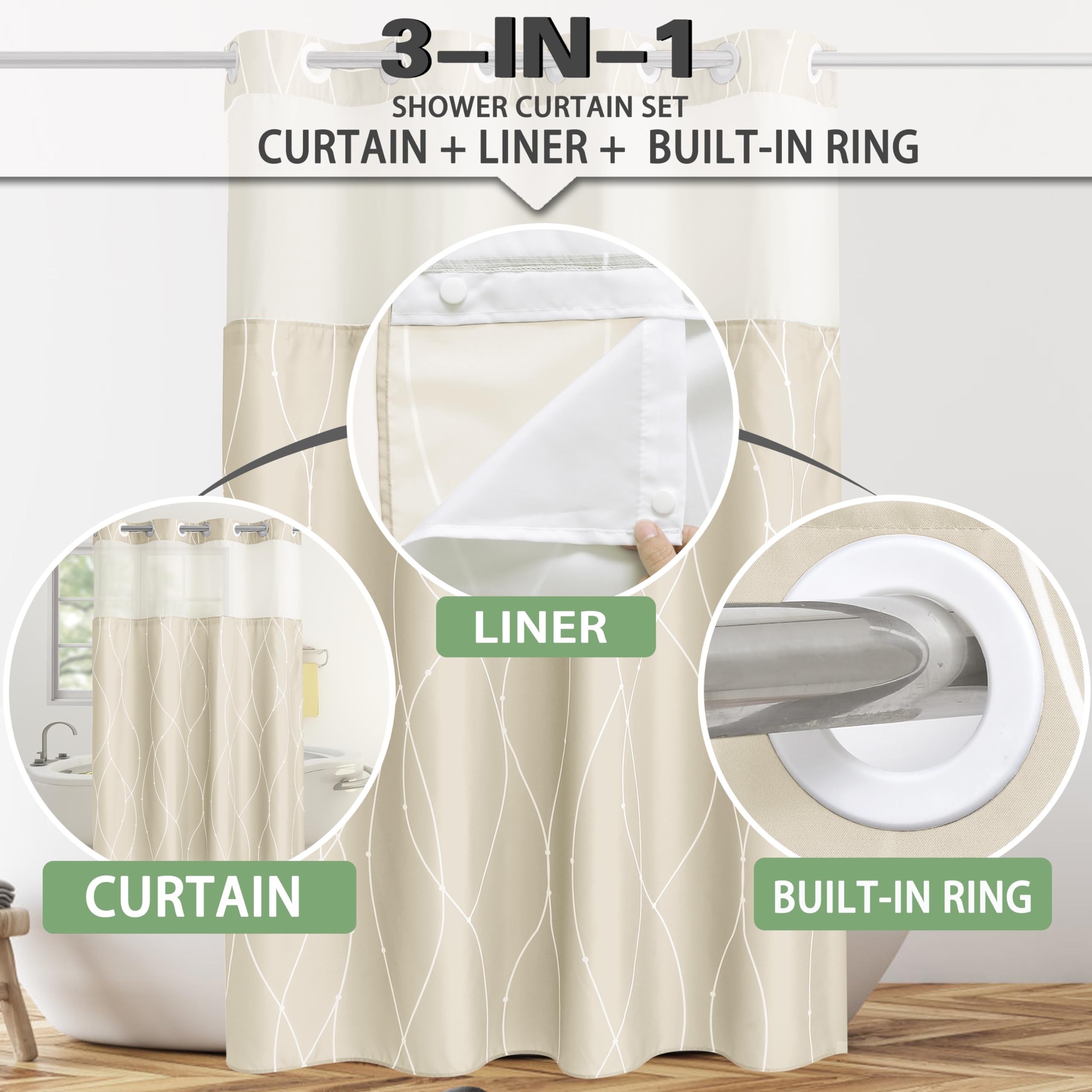 Konzent Beige White Striped Fabric Shower Curtain With Snap In Liner For Bathroom Bathtubs,Hotel Shower Curtain And Liner Set Wi
