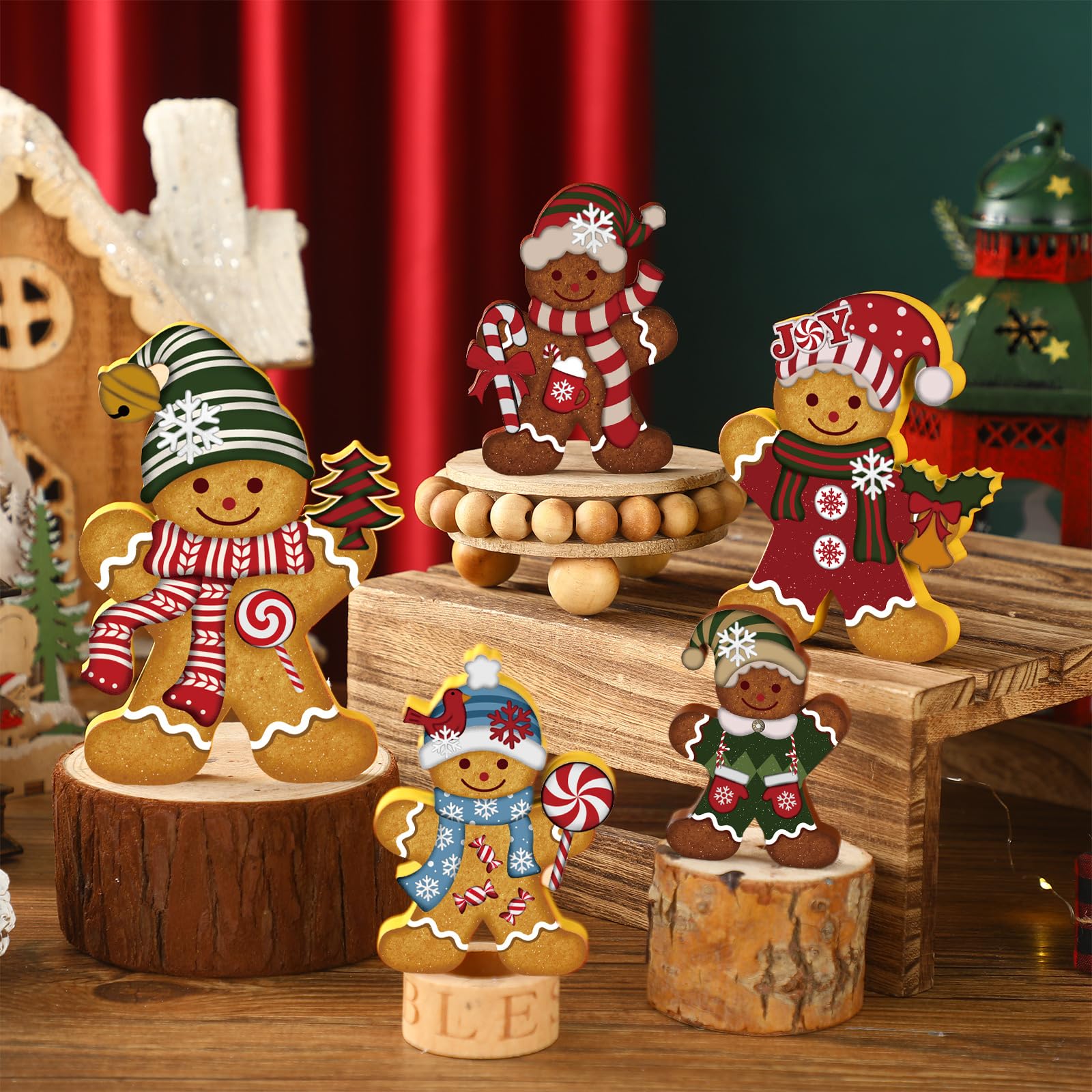 Soaoo 5 Pcs Christmas Gingerbread Man Decor Wood Gingerbread Sign Xmas Table Centerpieces Rustic Vintage Gingerbread Figurine Wo