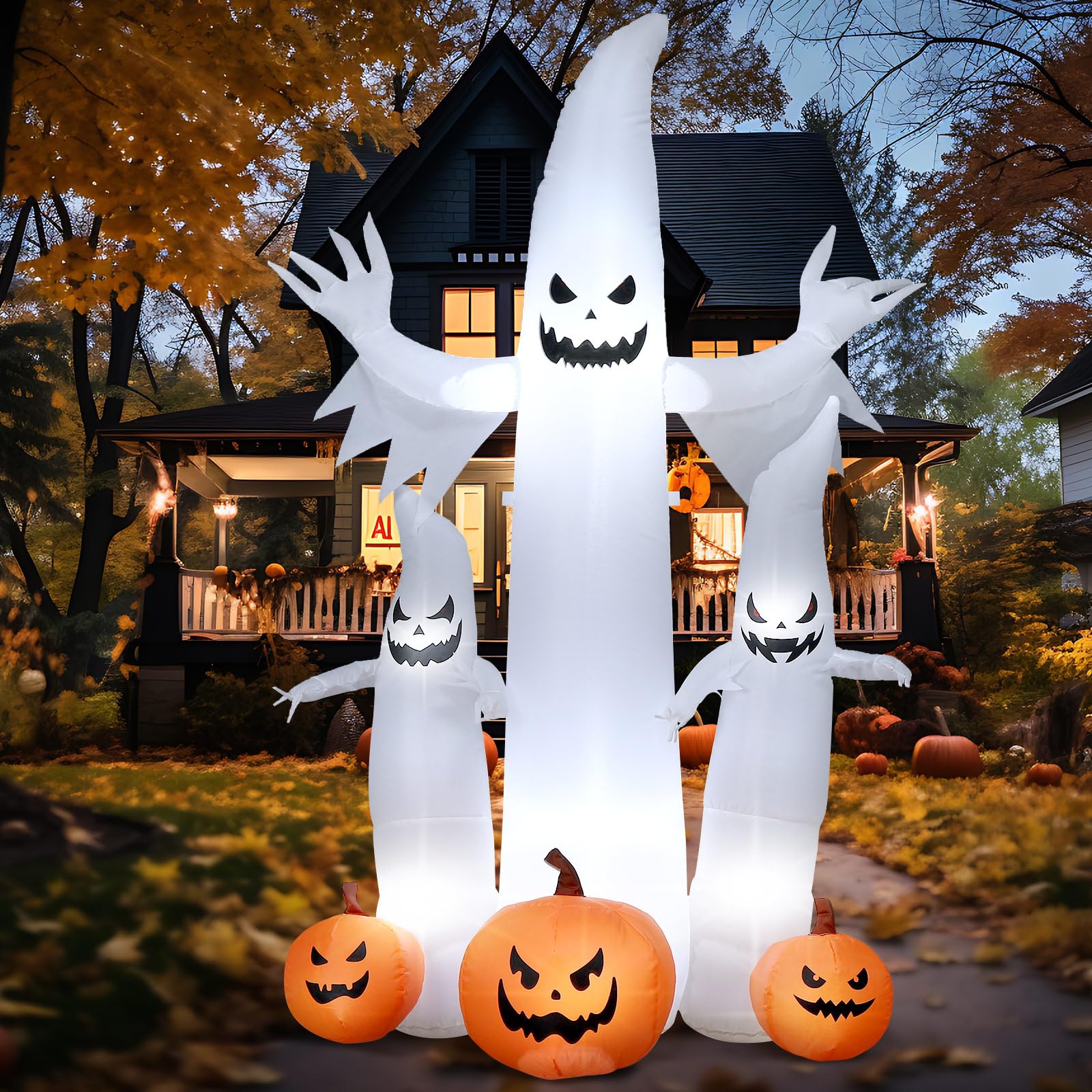 Bencailor 4.8 Ft Halloween Ghost Inflatable Outdoor Decorations Bow up Ghost with Pumpkin Built in LED Lights for Halloween Yard